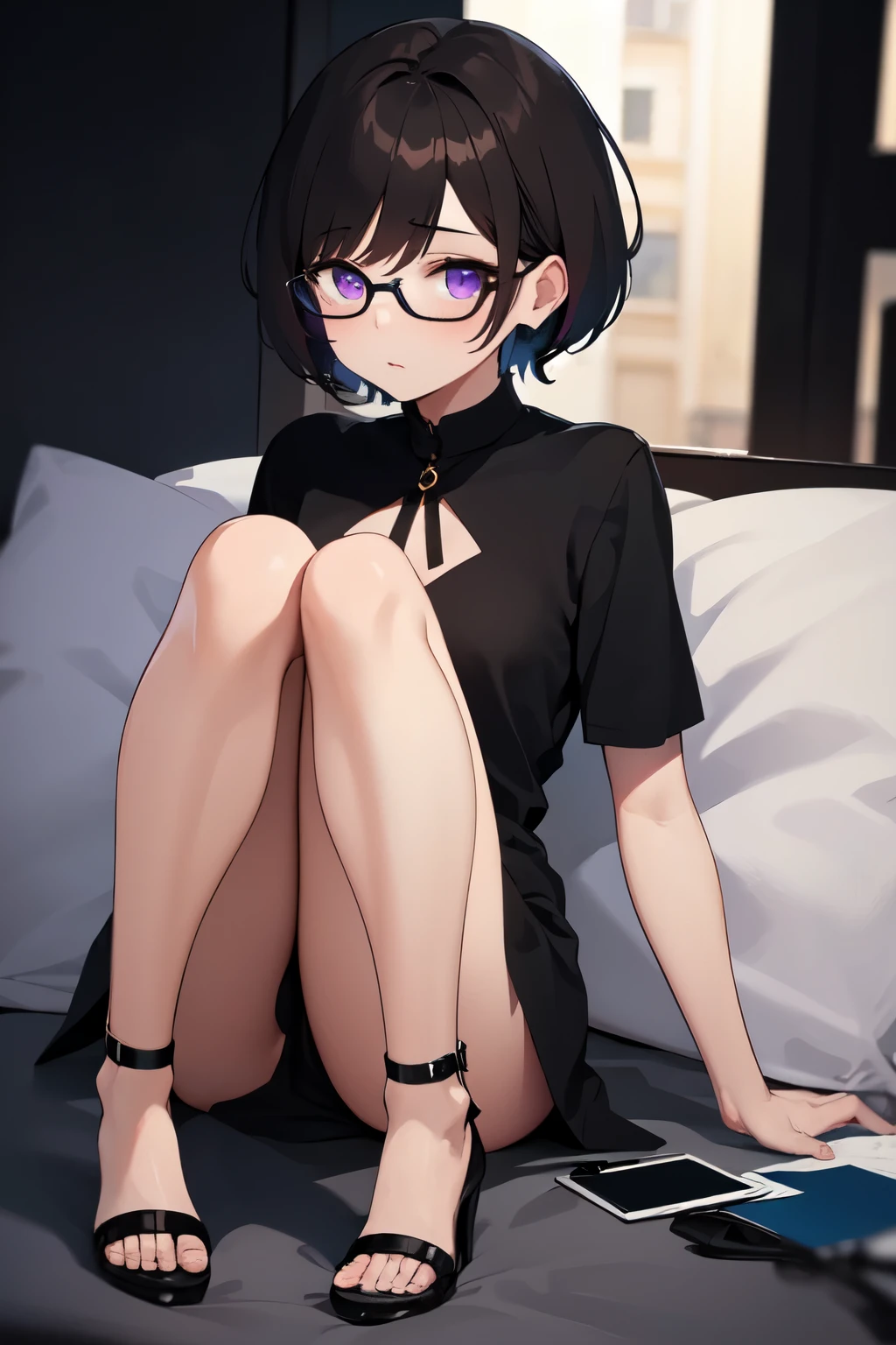 Chica con cuerpo , short brown hair, ojos color morado oscuro, viste un vestido de una pieza color negro, tacones de color igualmente negro y usa lentes, llorando de rodillas, el fondo es de noche.