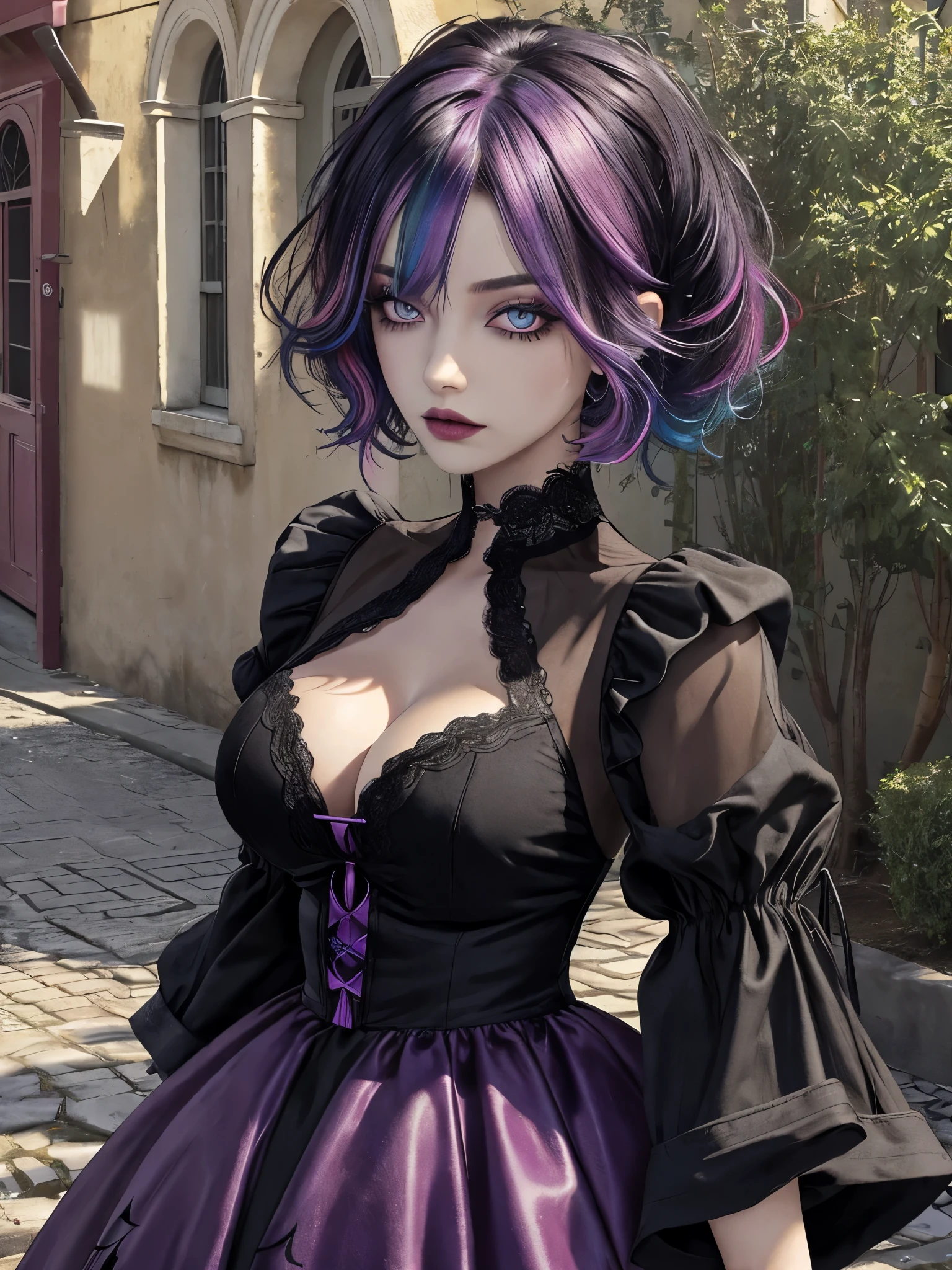 1girl, solo, goth , messy hair with long sides, short hair, eyeshadow, dress with sleeves, mascara, color: spectrum, vivid colors, rainbow hair , perfect eyes, detailed eyes, medium breasts, outdoors , highly detailed portrait, cute, large breasts,