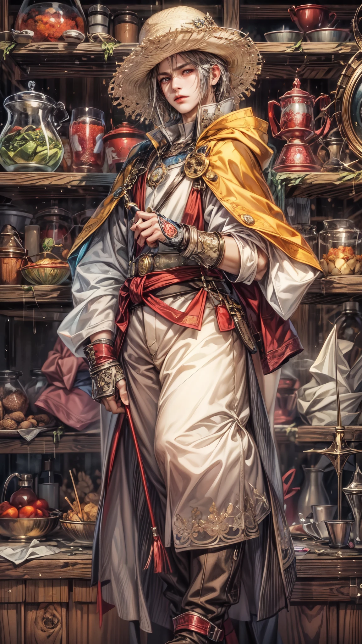 (absurdres, highres, ultra detailed, HDR), masterpiece, intricate, best quality, portrait of a handsome villain from Final Fantasy IX, peridot hair, short hair, korean face, anime eyes, mage outfit , wearing hat, detailed interiors of an rpg wand shop, showing big moon in the windows , detailed character