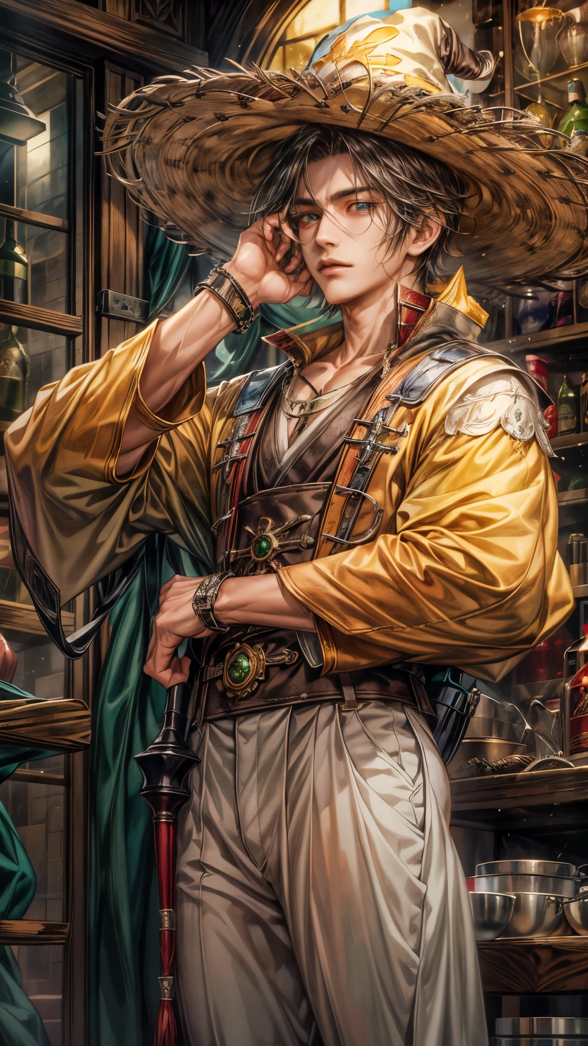 (absurdres, highres, ultra detailed, HDR), masterpiece, intricate, best quality, portrait of a handsome villain from Final Fantasy IX, peridot hair, short hair, korean face, anime eyes, mage outfit , wearing hat, detailed interiors of an rpg wand shop, showing big moon in the windows , detailed character