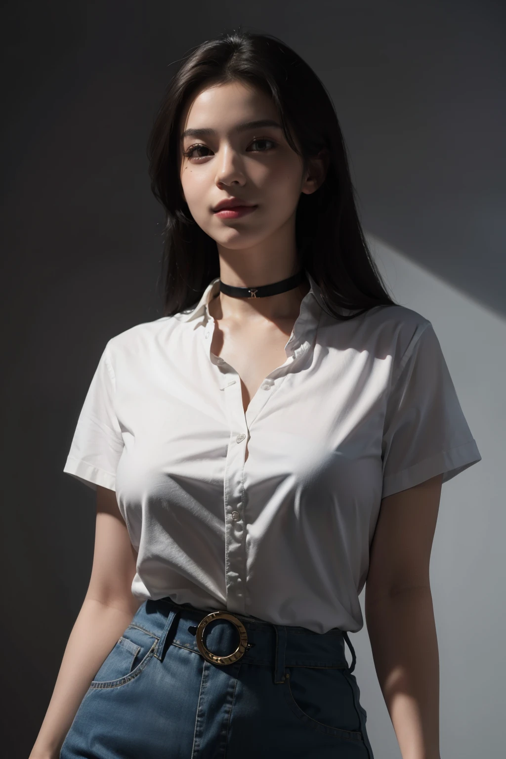 best quality, masterpiece, (photorealistic:1.4), 1girl, light smile, big , shirt with collars, wears choker, waist up, dramatic lighting, from below
