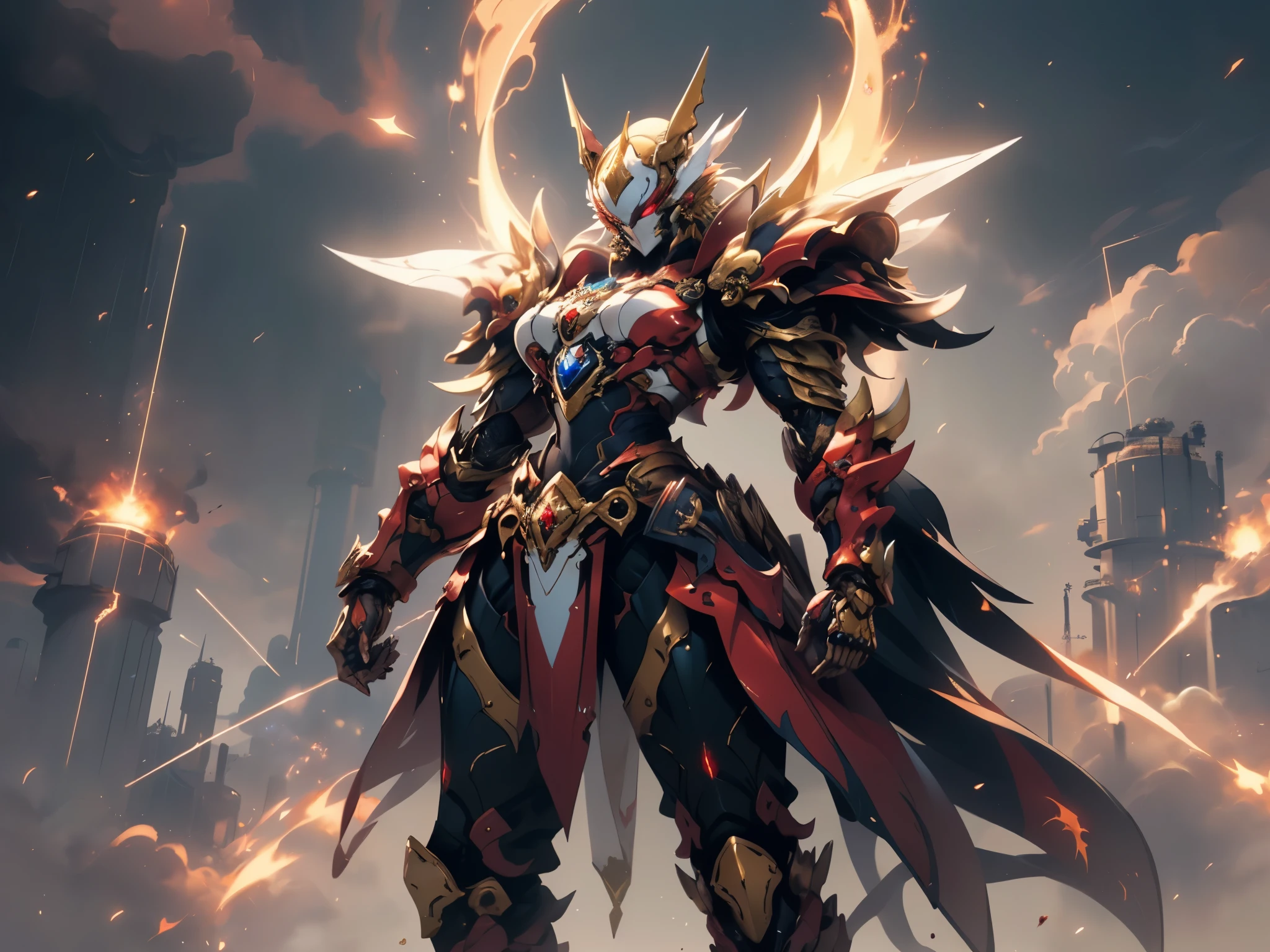 A woman adorned in fantasy-style full-body armor, a crown-concept fully enclosed helmet that unveils only her eyes, a composite layered chest plate, fully encompassing shoulder and hand guards, a lightweight waist armor, form-fitting shin guards, the overall design is heavy-duty yet flexible, ((the armor gleams with a golden glow, complemented by red and blue accents)), exhibiting a noble aura, she floats above a fantasy-surreal high-tech city, this character embodies a finely crafted fantasy-surreal style armored hero in anime style, exquisite and mature manga art style, (mixture of Queen bee and Spider concept Armor, plasma, blood), ((Element, energy, elegant, goddess, femminine:1.5)), metallic, high definition, best quality, highres, ultra-detailed, ultra-fine painting, extremely delicate, professional, anatomically correct, symmetrical face, extremely detailed eyes and face, high quality eyes, creativity, RAW photo, UHD, 32k, Natural light, cinematic lighting, masterpiece-anatomy-perfect, masterpiece:1.5