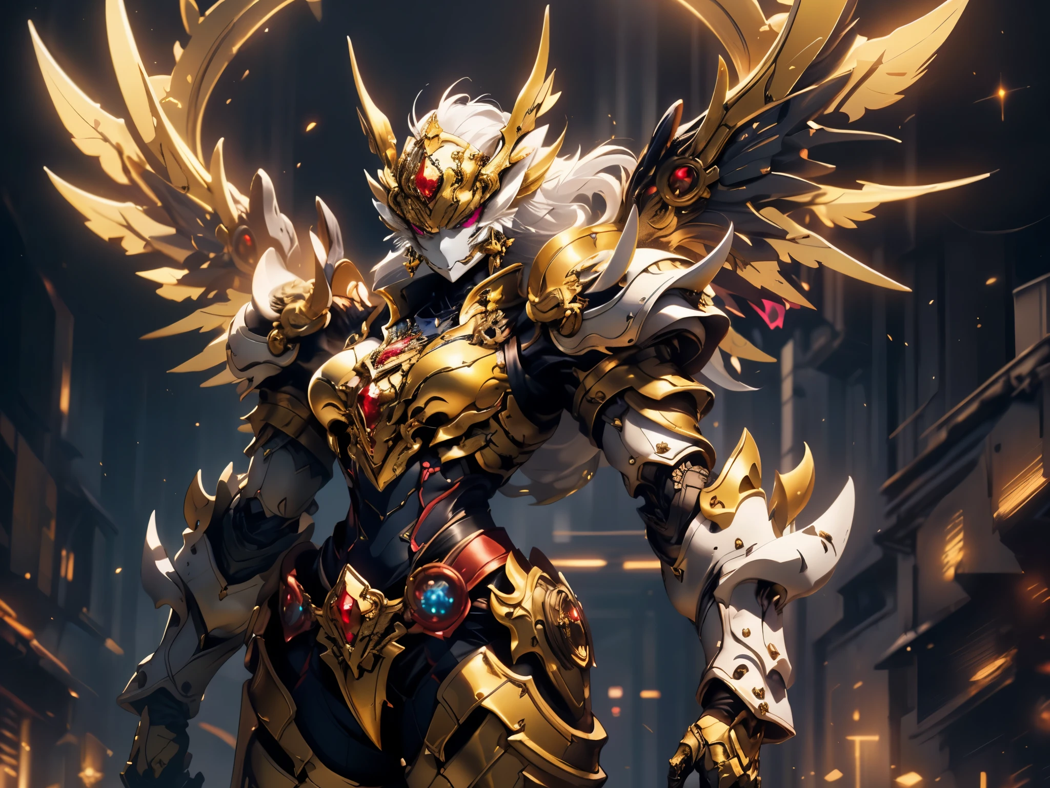 A woman adorned in fantasy-style full-body armor, a crown-concept fully enclosed helmet that unveils only her eyes, a composite layered chest plate, fully encompassing shoulder and hand guards, a lightweight waist armor, form-fitting shin guards, the overall design is heavy-duty yet flexible, ((the armor gleams with a golden glow, complemented by red and blue accents)), exhibiting a noble aura, she floats above a fantasy-surreal high-tech city, this character embodies a finely crafted fantasy-surreal style armored hero in anime style, exquisite and mature manga art style, (mixture of Queen bee and Spider concept Armor, plasma, blood), ((Element, energy, elegant, goddess, femminine:1.5)), metallic, high definition, best quality, highres, ultra-detailed, ultra-fine painting, extremely delicate, professional, anatomically correct, symmetrical face, extremely detailed eyes and face, high quality eyes, creativity, RAW photo, UHD, 32k, Natural light, cinematic lighting, masterpiece-anatomy-perfect, masterpiece:1.5