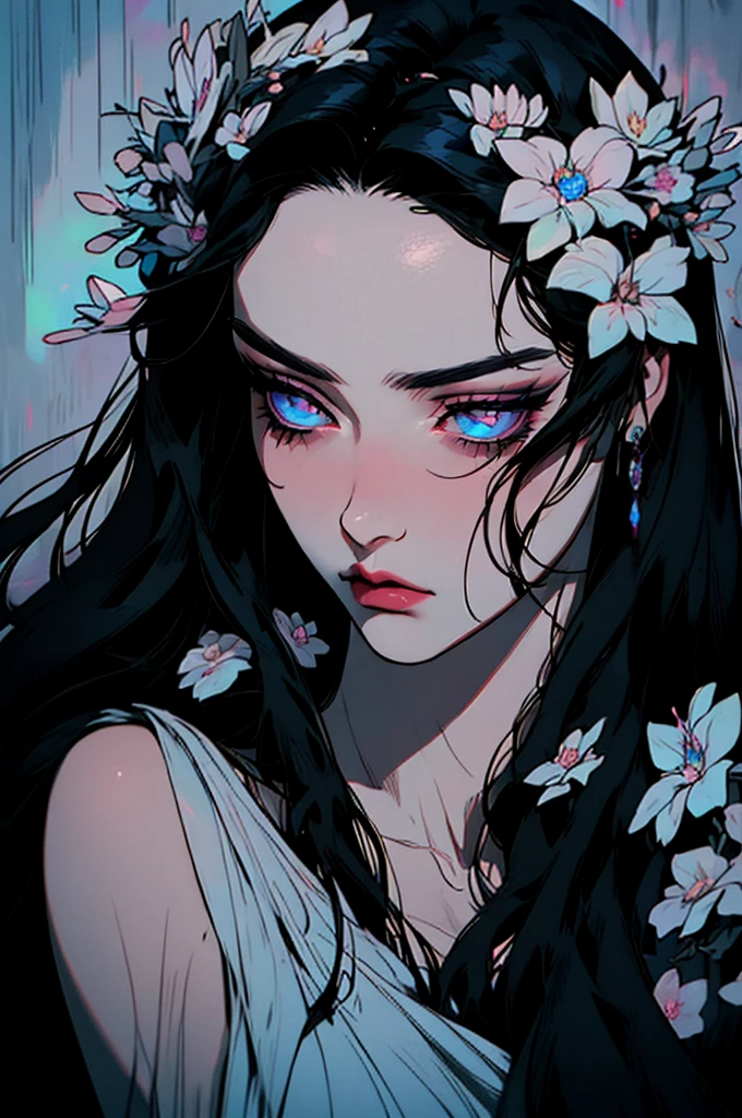 hyper-realistic  of a mysterious woman with flowing black hair, piercing opal eyes, and a delicate floral crown, , upper body