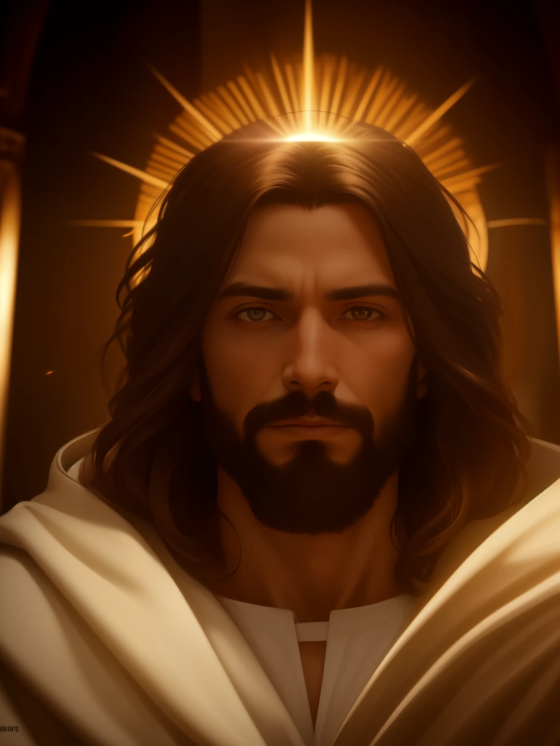 Highly detailed portrait of Jesus Christ sun divine halo, Money, unreal engine, art：mark lyden, Lost fish, r standard, global illumination, god&#39;s rays, Dense and complex environment, elden ring style