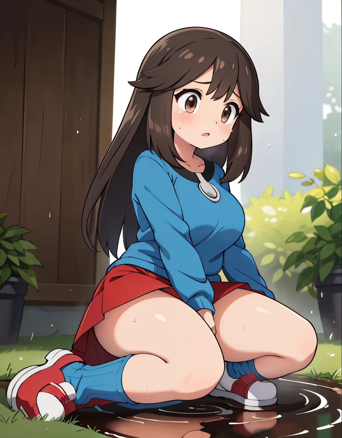 pokemon leaf, visible thighs, red skirt, blue shirt, brown eyes, loose socks, white footwear, upskirt, white panties, body shape, chubby thighs, thick thighs, crying on the ground because she fell into a muddy puddle, portrait, oil painting, detailed facial expression, detailed teardrops, wet hair, muddy clothes, distressed expression, intense emotions, dark and gloomy color palette, dramatic lighting, contrasting shadows, textured brushstrokes