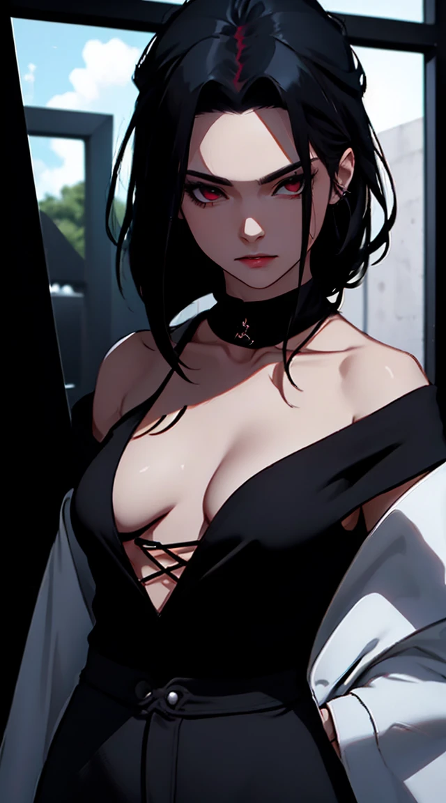 (8K,RAW photos),(best qualtiy),(tmasterpiece),(realisticlying,)(Photorealistic and realistic),(A high resolution),Hyper-detailing,(hentail realism:1.1),beauitful face, (1female:1.1),Female,(looki at viewer),cowboy lens,jpn, sasuke\(Naruto\),black t-shirt,uchiha simbol, red eyes, sharingan eyes, La Brett piercing,cleavage,Off-the-shoulder attire,smile,Be red in the face,Upper body photo black long hair,black high neck blouse, transparent long sleeves, black skirt, blackwards, looking backprofesional lighting、photon mapping、physically-based renderingt、 Dark theme,