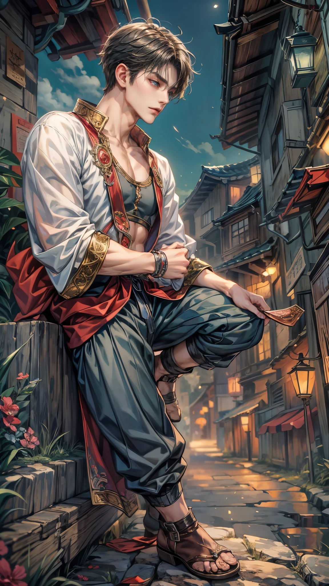 (absurdres, highres, ultra detailed, HDR), masterpiece, intricate details, best quality close-up picture of a character from suikoden, a character with handsome looks, korean face, original hair, short hair, anime blue eyes, smirking face, matured teen, tim Burton theme, topless outfit showing chest, crop top, detailed underworld town setting background, big moon scenery, detailed character, art kenouji