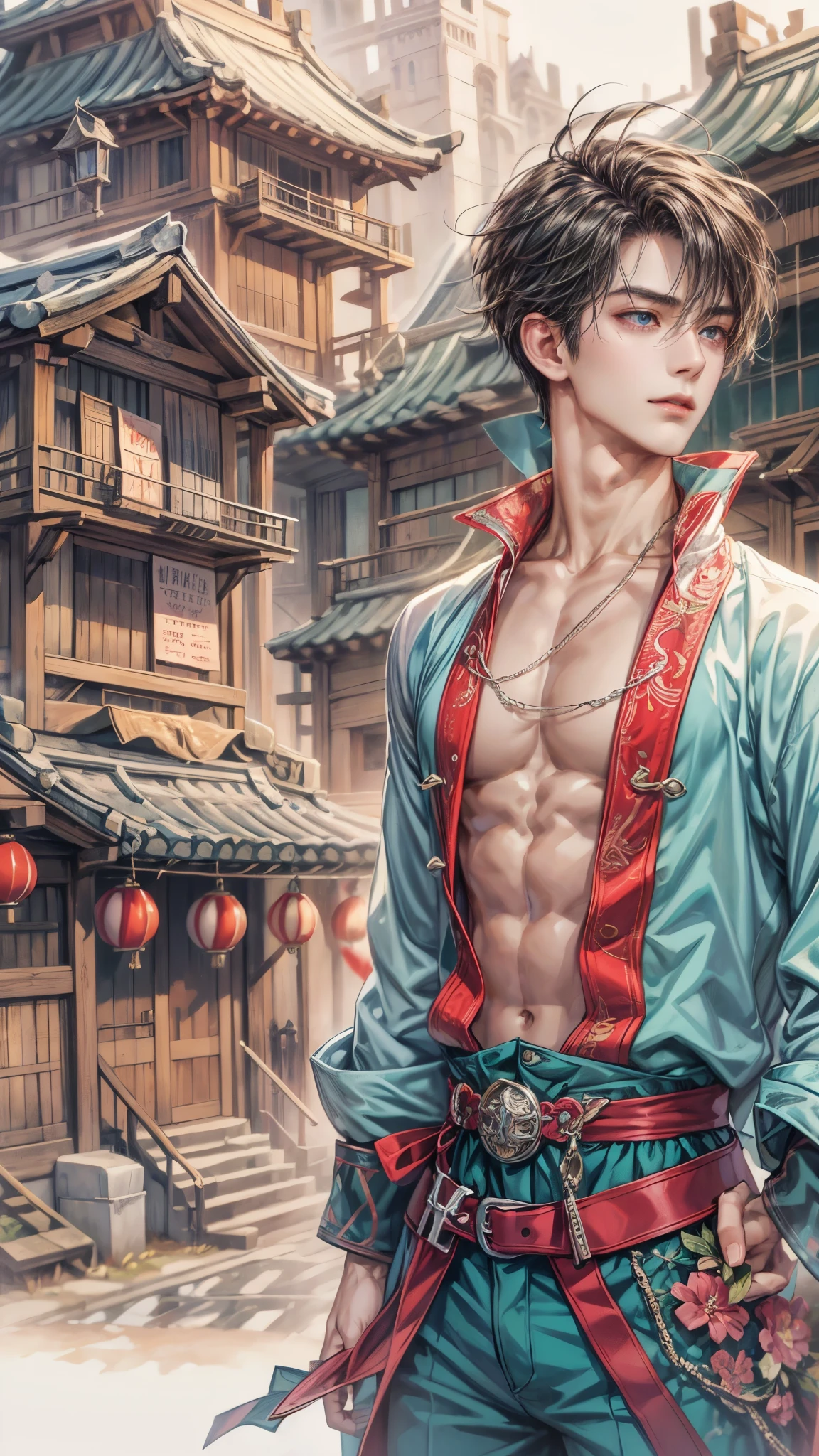 (absurdres, highres, ultra detailed, HDR), masterpiece, intricate details, best quality close-up picture of a character from suikoden, a character with handsome looks, korean face, original hair, short hair, anime blue eyes, smirking face, matured , tim Burton theme, topless outfit showing chest, crop top, detailed underworld town setting background, big moon scenery, detailed character, art kenouji