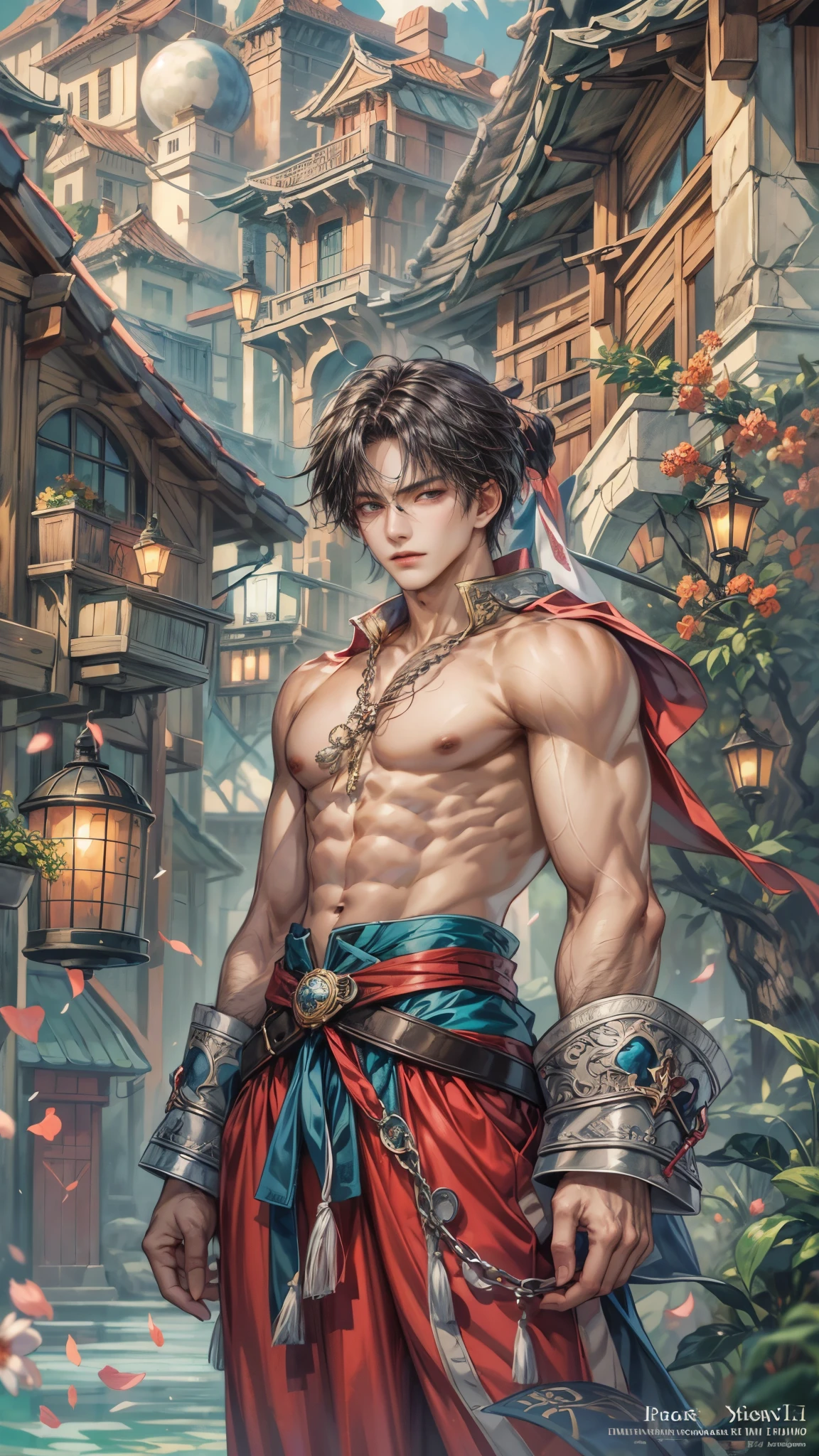 (absurdres, highres, ultra detailed, HDR), masterpiece, intricate details, best quality close-up picture of a character from suikoden, a character with handsome looks, korean face, original hair, short hair, anime blue eyes, smirking face, matured teen, tim Burton theme, topless outfit showing chest, crop top, detailed underworld town setting background, big moon scenery, detailed character, art kenouji