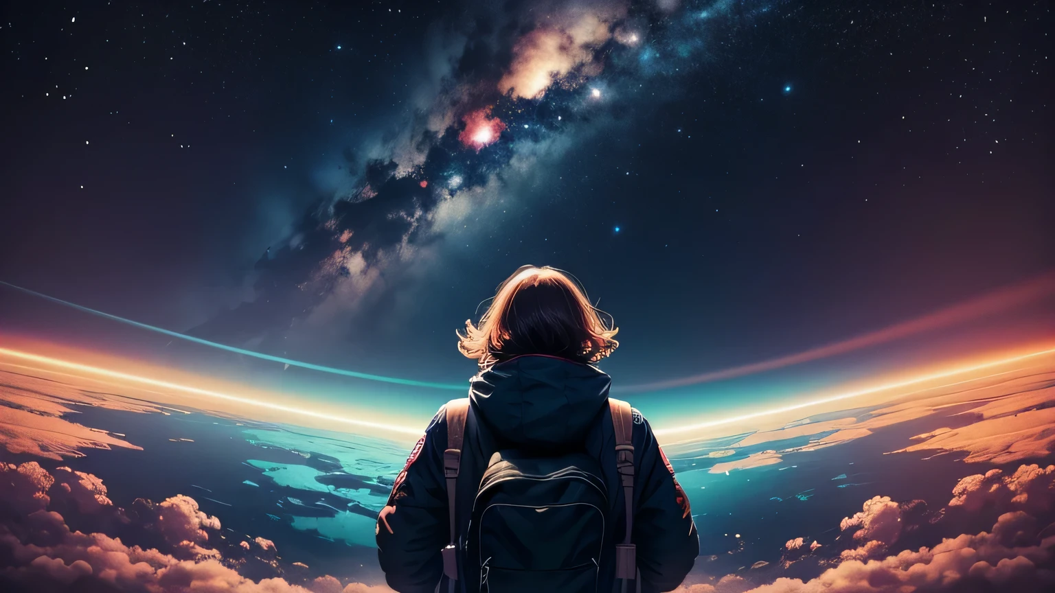 cosmic nebulae in a full sky with a person in front of it, cover 40% of the picture, trying to understend the universe. de person need to be focused and the universe disfocused