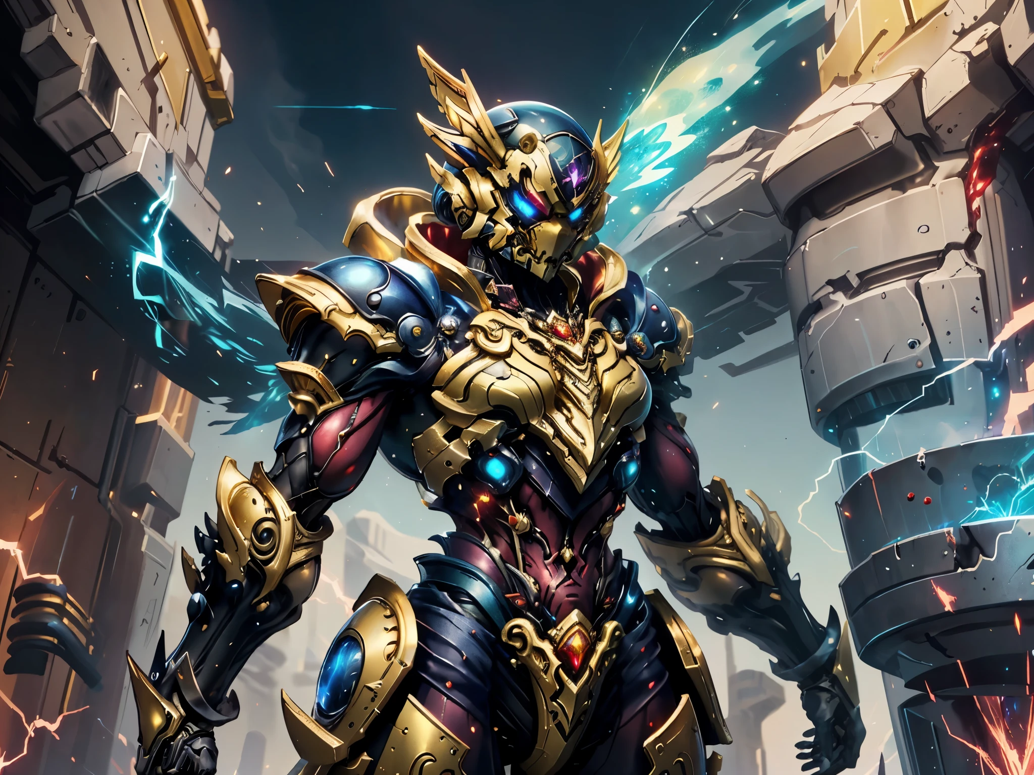 A woman adorned in fantasy-style full-body armor, a crown-concept fully enclosed helmet that unveils only her eyes, a composite layered chest plate, fully encompassing shoulder and hand guards, a lightweight waist armor, form-fitting shin guards, the overall design is heavy-duty yet flexible, ((the armor gleams with a golden glow, complemented by red and blue accents)), exhibiting a noble aura, she floats above a fantasy-surreal high-tech city, this character embodies a finely crafted fantasy-surreal style armored hero in anime style, exquisite and mature manga art style, (mixture of Queen bee and Spider concept Armor, plasma, blood), ((Element, energy, elegant, goddess, femminine:1.5)), metallic, high definition, best quality, highres, ultra-detailed, ultra-fine painting, extremely delicate, professional, anatomically correct, symmetrical face, extremely detailed eyes and face, high quality eyes, creativity, RAW photo, UHD, 32k, Natural light, cinematic lighting, masterpiece-anatomy-perfect, masterpiece:1.5