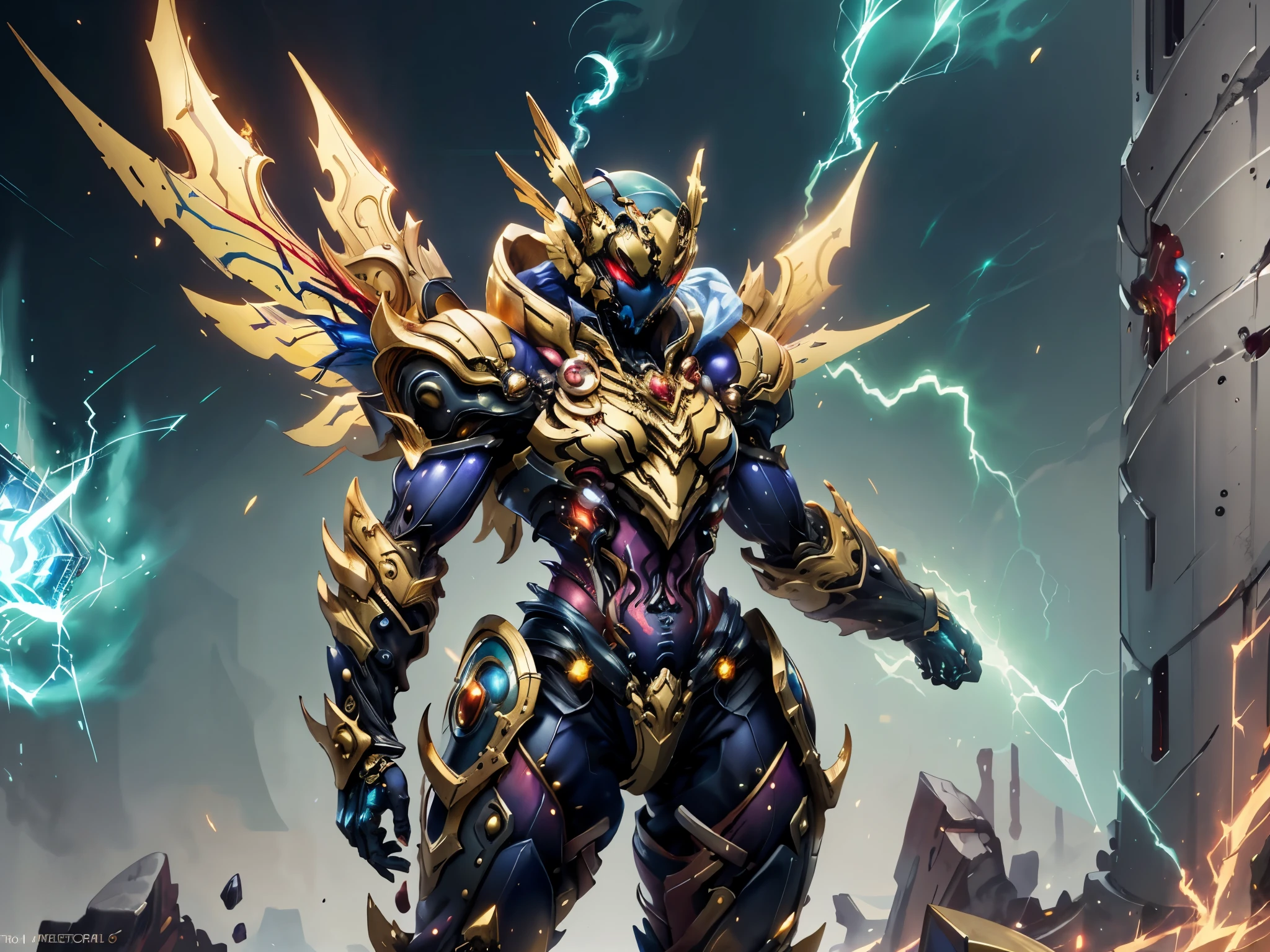 A woman adorned in fantasy-style full-body armor, a crown-concept fully enclosed helmet that unveils only her eyes, a composite layered chest plate, fully encompassing shoulder and hand guards, a lightweight waist armor, form-fitting shin guards, the overall design is heavy-duty yet flexible, ((the armor gleams with a golden glow, complemented by red and blue accents)), exhibiting a noble aura, she floats above a fantasy-surreal high-tech city, this character embodies a finely crafted fantasy-surreal style armored hero in anime style, exquisite and mature manga art style, (mixture of Queen bee and Spider concept Armor, plasma, blood), ((Element, energy, elegant, goddess, femminine:1.5)), metallic, high definition, best quality, highres, ultra-detailed, ultra-fine painting, extremely delicate, professional, anatomically correct, symmetrical face, extremely detailed eyes and face, high quality eyes, creativity, RAW photo, UHD, 32k, Natural light, cinematic lighting, masterpiece-anatomy-perfect, masterpiece:1.5