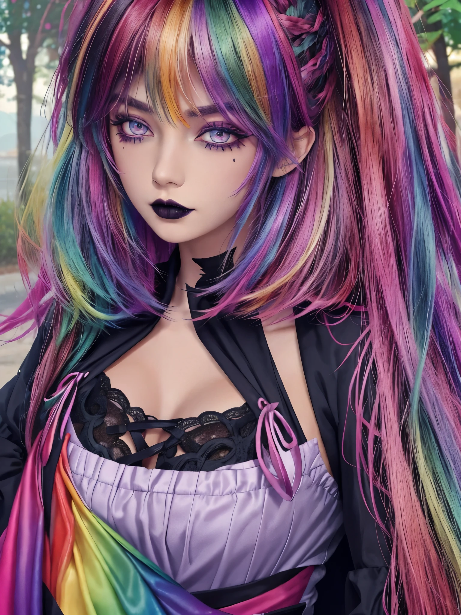 1girl, solo, goth , messy hair with long sides, short hair, eyeshadow, dress with sleeves, mascara, color: spectrum, vivid colors, rainbow hair , bright rainbow hair, perfect eyes, detailed eyes, medium breasts, outdoors , highly detailed portrait, cute, large breasts,