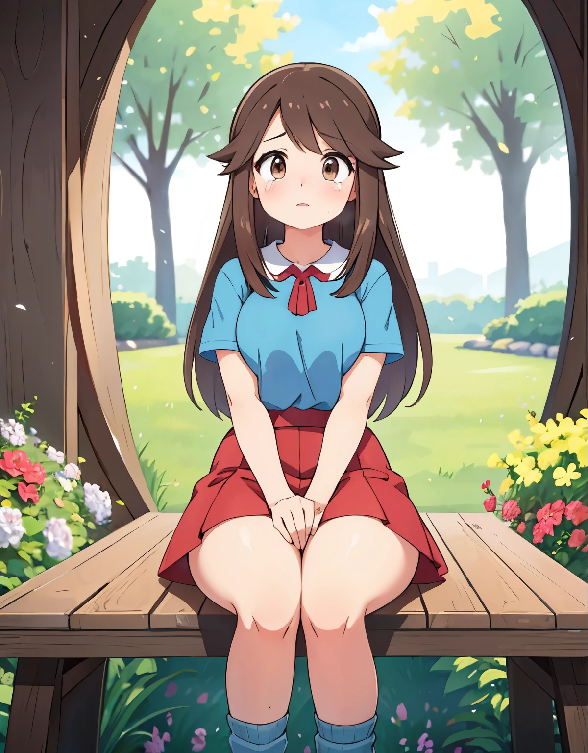 (high quality:1.2),(realistic),pokemon leaf, visible thighs, red skirt, blue shirt, brown eyes, loose socks, white footwear, upskirt, white panties, body shape, chubby thighs, thick thighs, in a garden,crying,facial expressions,sad,tears,detail description,beautiful detailed eyes,beautiful detailed lips,extremely detailed eyes and face,long eyelashes,gazes at the distance,emotional,rosy cheeks,soft lighting,colorful flowers in the background,gentle breeze through the girl's hair,nature-inspired painting style,vibrant colors,subtle sunlight filtering through the trees,soft pastel tones,enchanting atmosphere,peaceful ambiance.