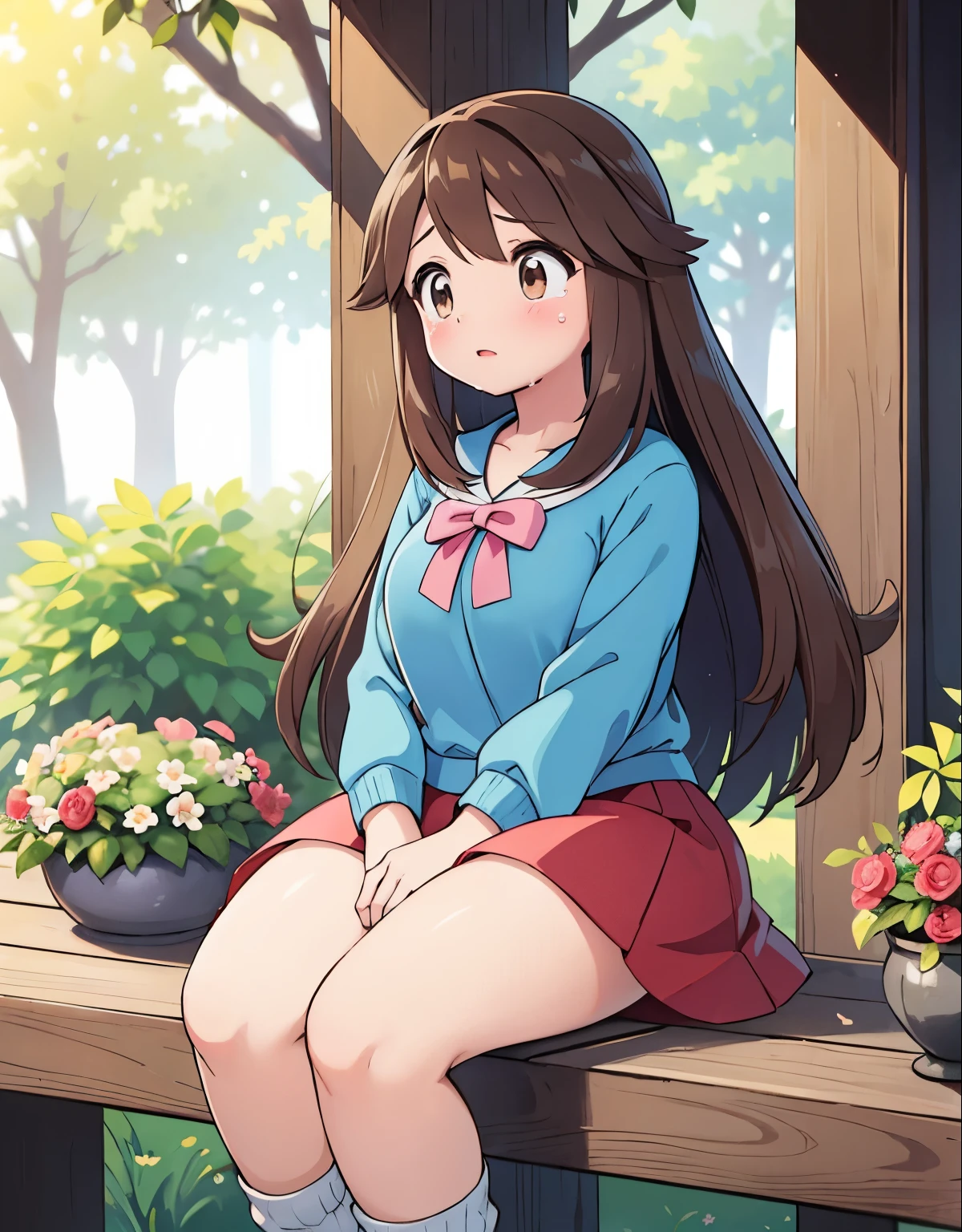 (high quality:1.2),(realistic),pokemon leaf, visible thighs, red skirt, blue shirt, brown eyes, loose socks, white footwear, upskirt, white panties, body shape, chubby thighs, thick thighs, in a garden,crying,facial expressions,sad,tears,detail description,beautiful detailed eyes,beautiful detailed lips,extremely detailed eyes and face,long eyelashes,gazes at the distance,emotional,rosy cheeks,soft lighting,colorful flowers in the background,gentle breeze through the girl's hair,nature-inspired painting style,vibrant colors,subtle sunlight filtering through the trees,soft pastel tones,enchanting atmosphere,peaceful ambiance.