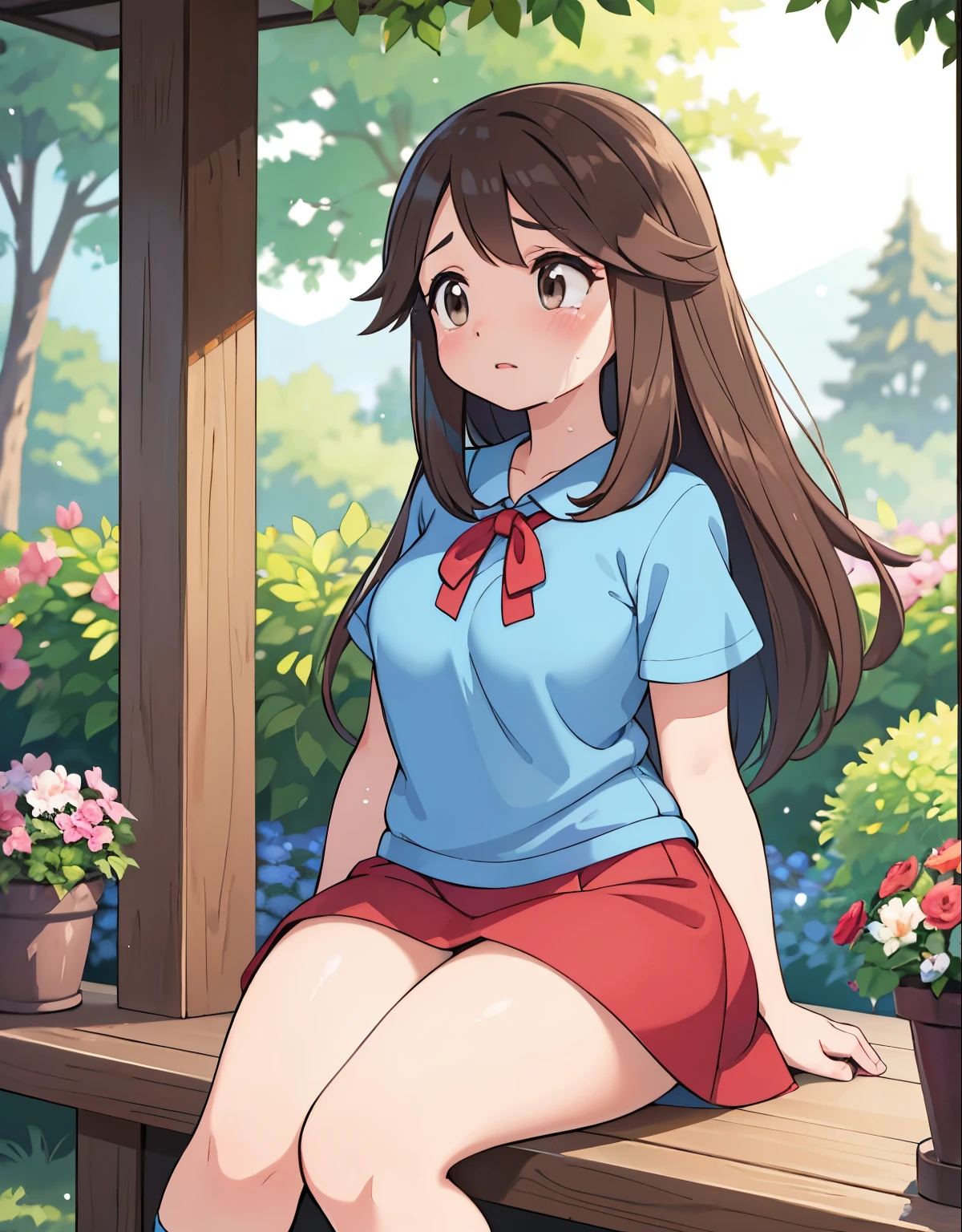 (high quality:1.2),(realistic),pokemon leaf, visible thighs, red skirt, blue shirt, brown eyes, loose socks, white footwear, upskirt, white panties, body shape, chubby thighs, thick thighs, in a garden,crying,facial expressions,sad,tears,detail description,beautiful detailed eyes,beautiful detailed lips,extremely detailed eyes and face,long eyelashes,gazes at the distance,emotional,rosy cheeks,soft lighting,colorful flowers in the background,gentle breeze through the girl's hair,nature-inspired painting style,vibrant colors,subtle sunlight filtering through the trees,soft pastel tones,enchanting atmosphere,peaceful ambiance.