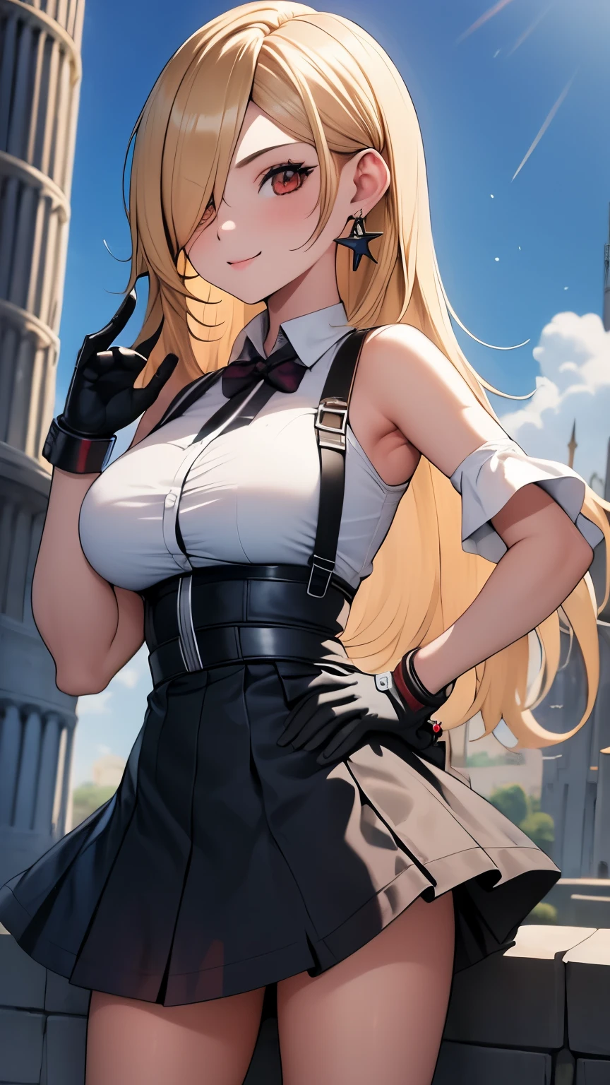 obra de arte, melhor qualidade, Rosalina usando cosplay de Tifa, corte superior, arm protectors, luvas sem dedos, suspenders, minissaia plissada, coxas pretas, tronco, Standing, (torre inclinada de Pisa) no fundo, olhando para o espectador, sorriso
