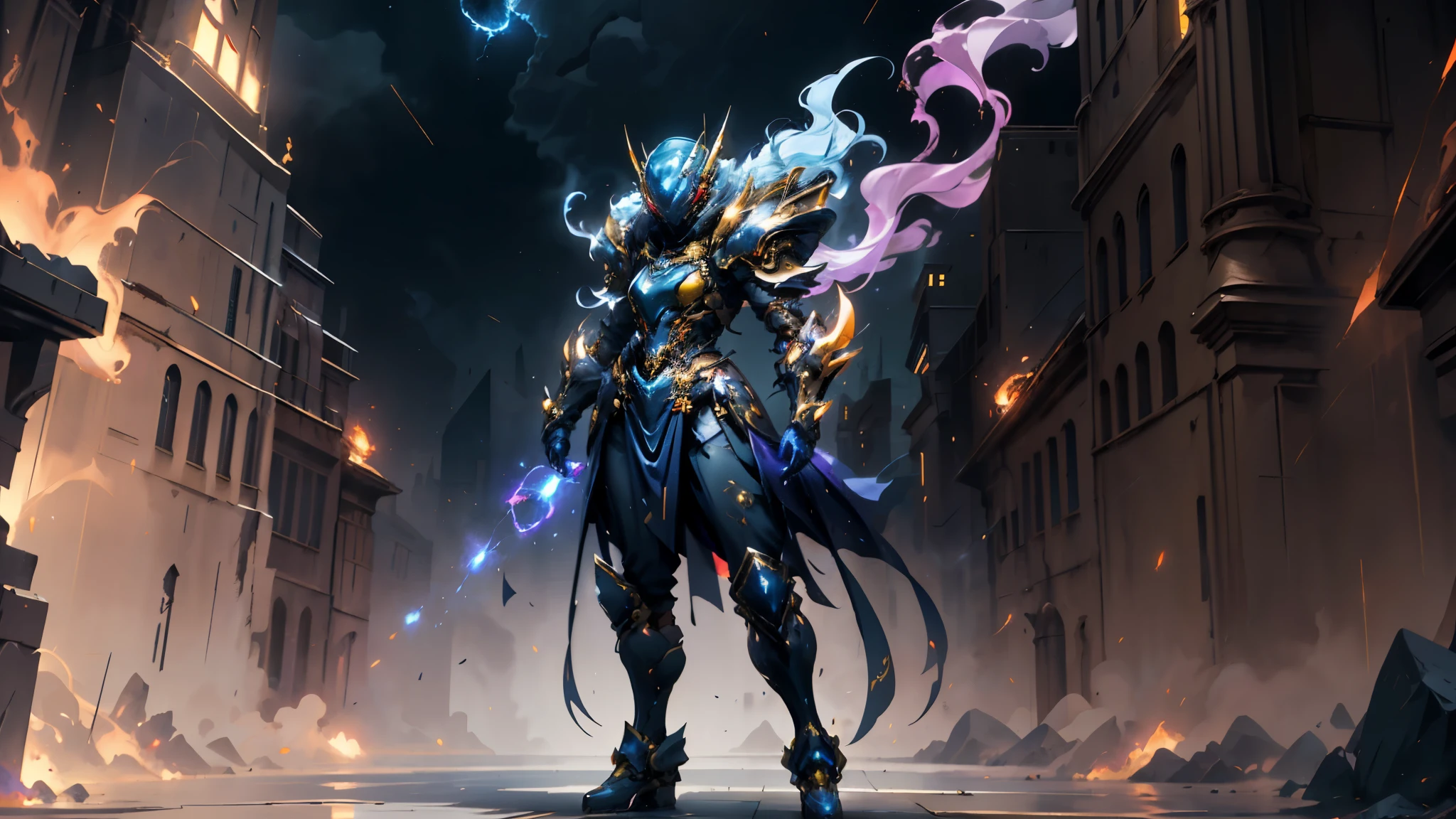 A woman adorned in fantasy-style full-body armor, a crown-concept fully enclosed helmet that unveils only her eyes, a composite layered chest plate, fully encompassing shoulder and hand guards, a lightweight waist armor, form-fitting shin guards, the overall design is heavy-duty yet flexible, ((the armor gleams with a golden glow, complemented by red and blue accents)), exhibiting a noble aura, she floats above a fantasy-surreal high-tech city, this character embodies a finely crafted fantasy-surreal style armored hero in anime style, exquisite and mature manga art style, (mixture of Queen bee and Spider concept Armor, plasma, blood), ((Element, energy, elegant, goddess, femminine:1.5)), metallic, high definition, best quality, highres, ultra-detailed, ultra-fine painting, extremely delicate, professional, anatomically correct, symmetrical face, extremely detailed eyes and face, high quality eyes, creativity, RAW photo, UHD, 32k, Natural light, cinematic lighting, masterpiece-anatomy-perfect, masterpiece:1.5