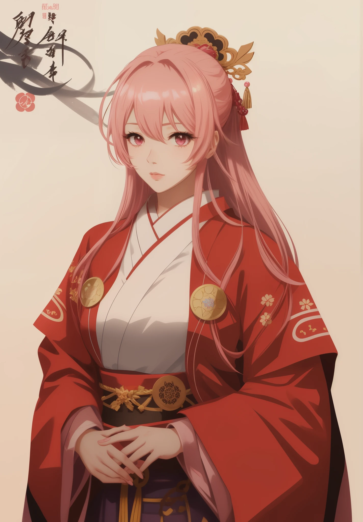 Anime girl with pink hair and red kimono, palace , girl wearing hanfu, 3D style 4k, Live action, Characters in anime style, anime illustration, anime style illustration, High quality anime art style, best anime 4k konachan wallpapers,((Wearing noble robes)), Anime visual of a cute girl,three kingdoms,dynasty warriors,pink hair,Pink eyelashes,pink eyes,Game character illustrations,A more realistic style,Live action style