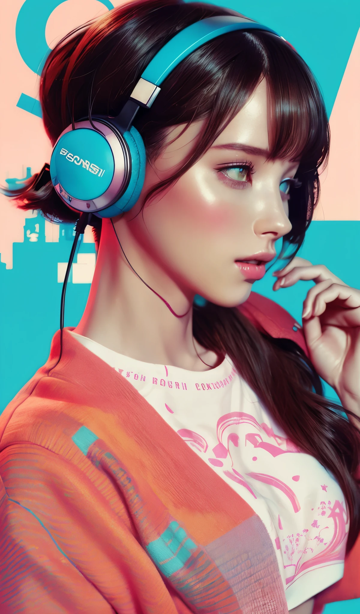 model girl wearing headphones, city background, intricate details, aesthetically pleasing pastel colors, poster background, art by conrad roset and ilya kuvshinov