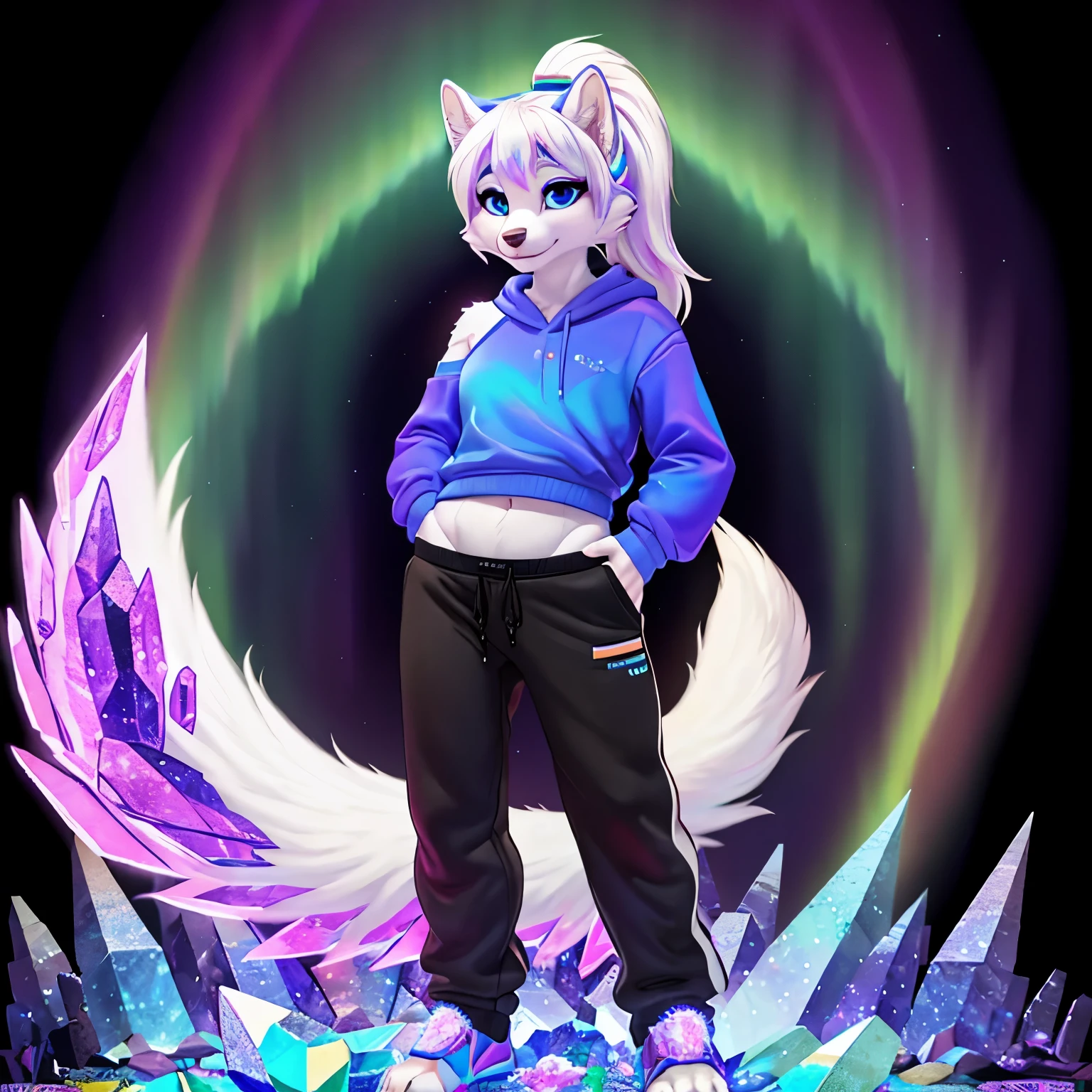 A woman white wolf with psychedelic Aurora Borealis colored fur. With a tail that is made of crystals. In a lower half that is shiny and crystally. She's fluffy with a short ponytail going down her shoulder with a blue sweatshirt and sweatpants