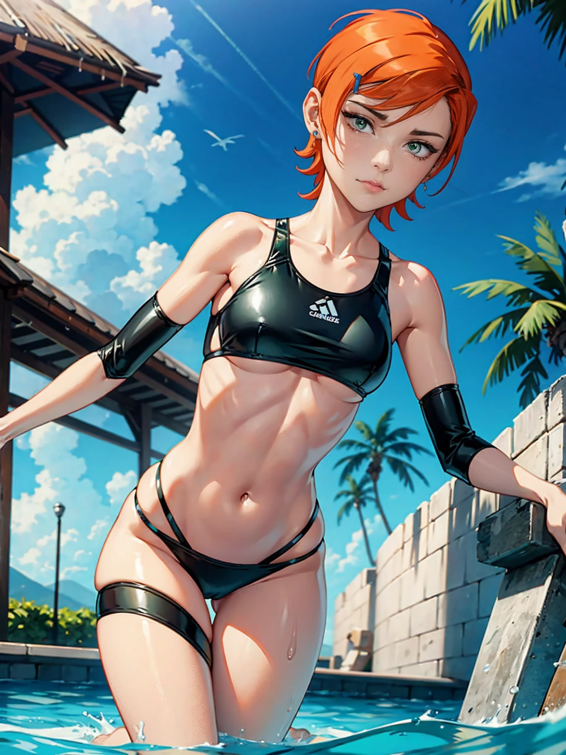 ((gwendolyn_tennyson, shaved side)), (female body, swimsuit aside), Gwen Tennyson, short hair, Gloss Body, wet body, dark green eyes, (medium breasts, pool background)