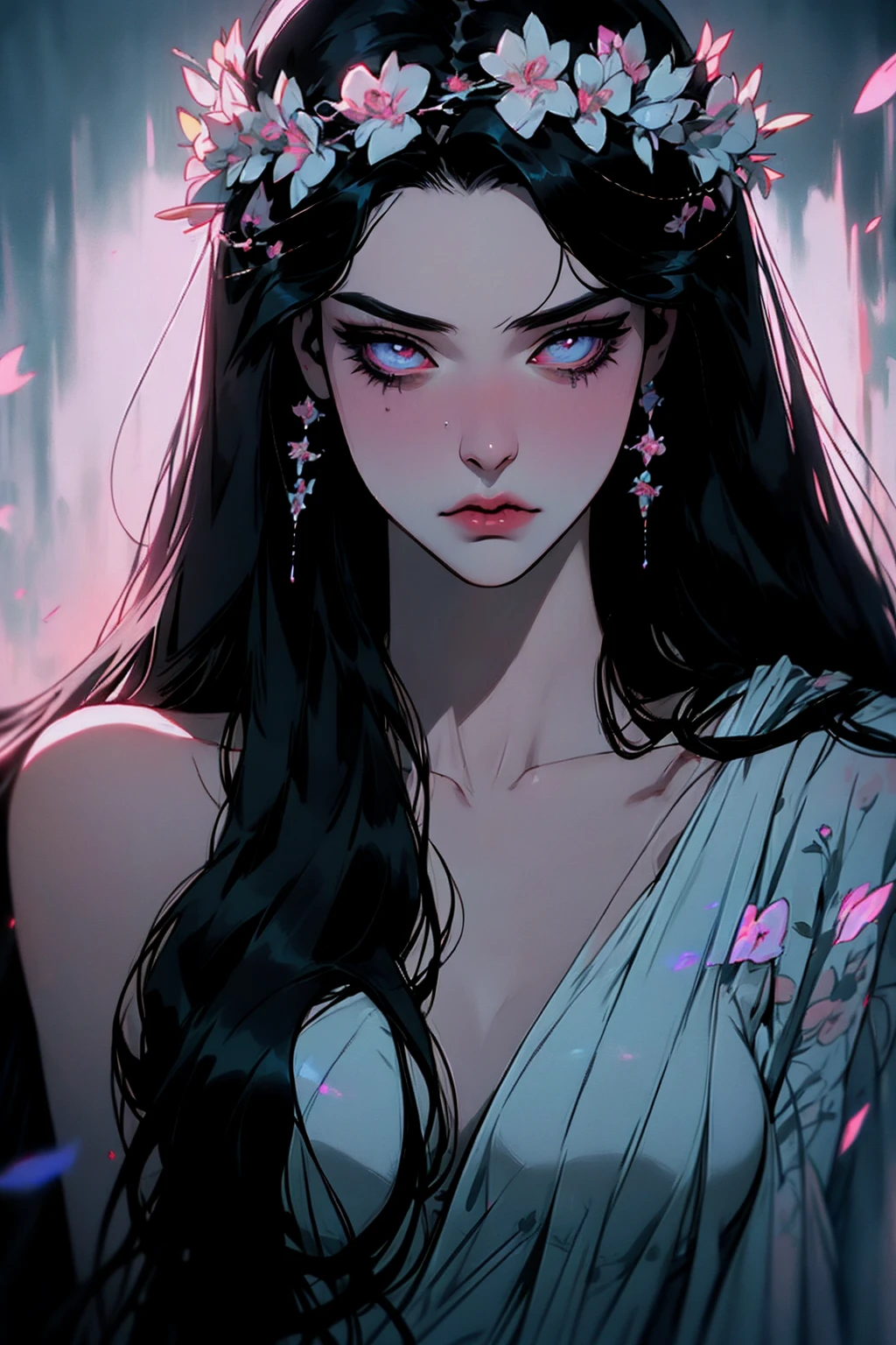 hyper-realistic of a mysterious woman with flowing black hair, piercing opal eyes, and a delicate floral crown, , upper body