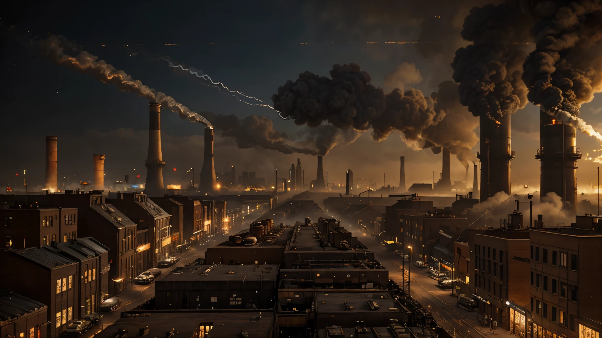 industrial city, surround by wall, steampunk, rusty and heavy, smoke, chimney, factories, gears, machinery, tall buildings, towers, steam power, steam pipes, streetlights, (cinematic lighting:0.8, super detail, bloom)