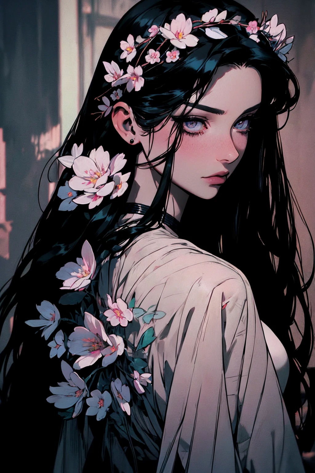 hyper-realistic of a mysterious woman with flowing black hair, piercing opal eyes, and a delicate floral crown, backwards, looking back, upper body