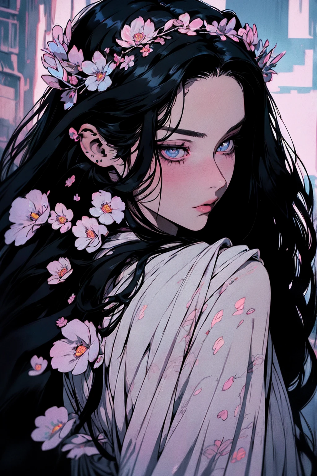 hyper-realistic of a mysterious woman with flowing black hair, piercing opal eyes, and a delicate floral crown, backwards, looking back, upper body