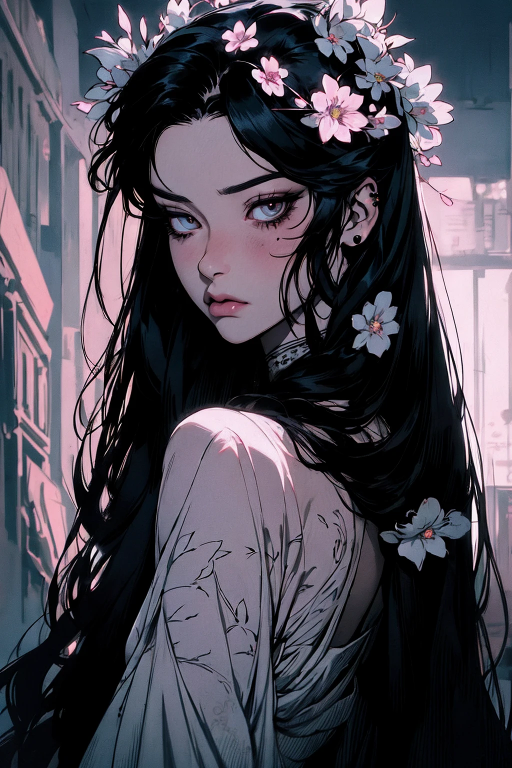 hyper-realistic of a mysterious woman with flowing black hair, piercing opal eyes, and a delicate floral crown, backwards, looking back, upper body