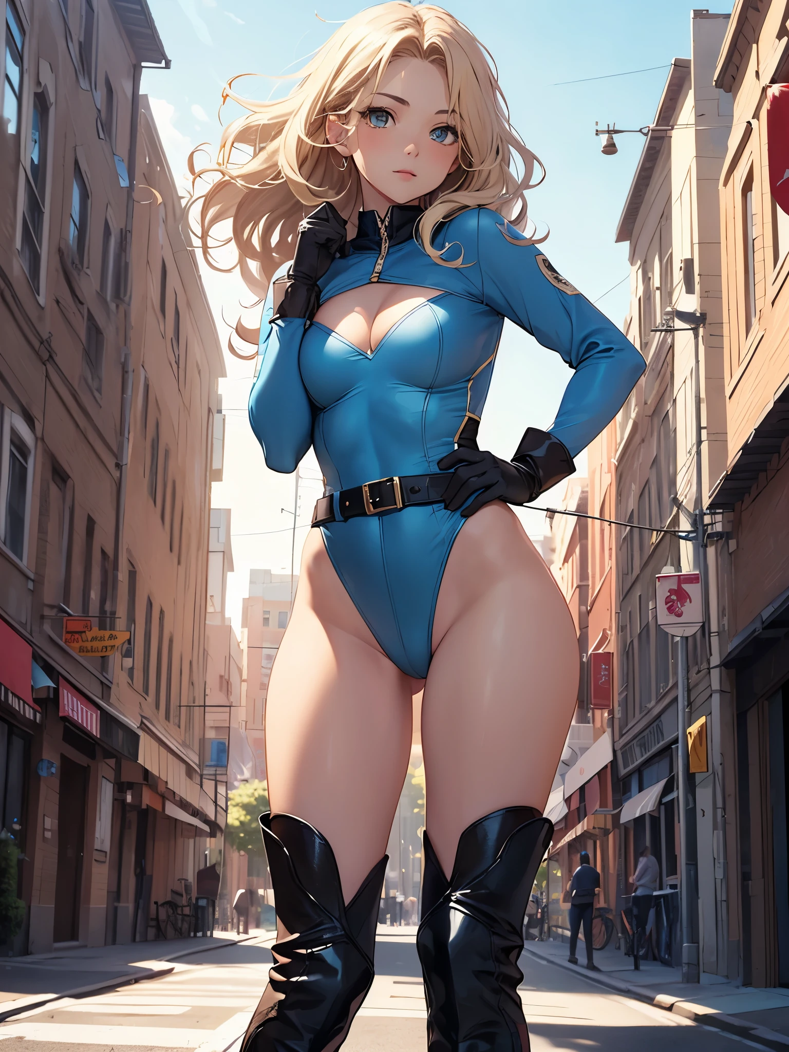1girl, medium breasts, ((leotard, highleg leotard, light blue leotard)), (lighting bolt emblem on chest), bare legs, (tight belt), boots, matching boots, gloves, city backdrop, solo, single, standing, rear view, full body shot, cowboy shot, superhero, beautiful detailed eyes, power, ((blonde hair, short hair, wavy hair)), high school backdrop, outdoors, mature lady, teacher