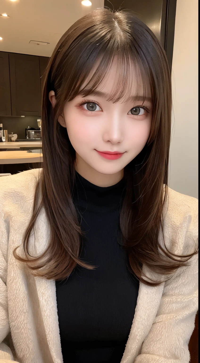 table top, highest quality, shape, Super detailed, finely, High resolution, 8k wallpaper, 完璧なダイナミックな構shape, beautiful and detailed eyes, medium hair, small breasts, natural color lip, random sexy pose,smile,20 year old girl、midnight、beautiful and detailed face、perfect and beautiful face,Big eyes、RAW photo、Expressing feminine poses with your whole body、beautiful and detailed eyes、small face、beautiful duplex、slim face and style,luxury brand mink coat(inside：black winter dress)、beautiful golden ratio face,twin ponytail hair,smile