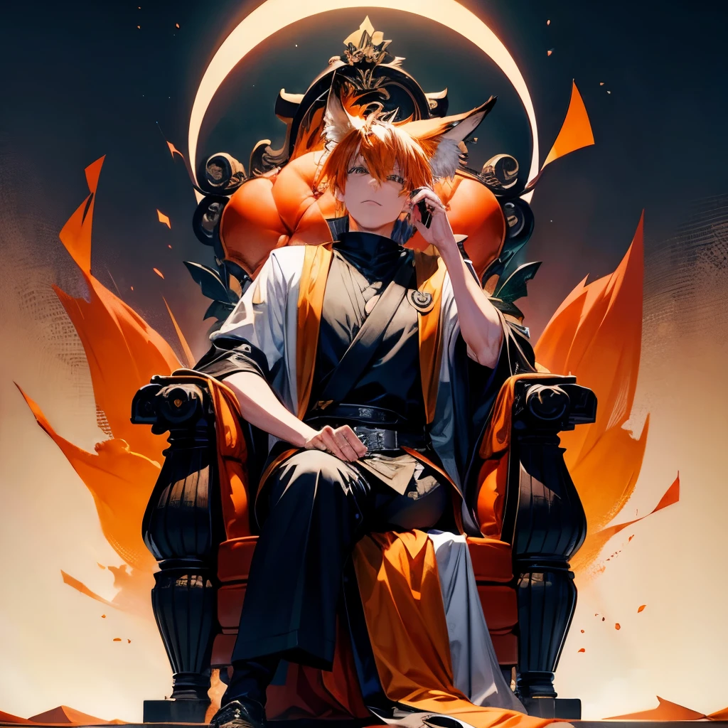 Orange and Grey Haired,Fox Eared,Tall,Anime Artstyle,Male,Sitting on a throne made of skulls