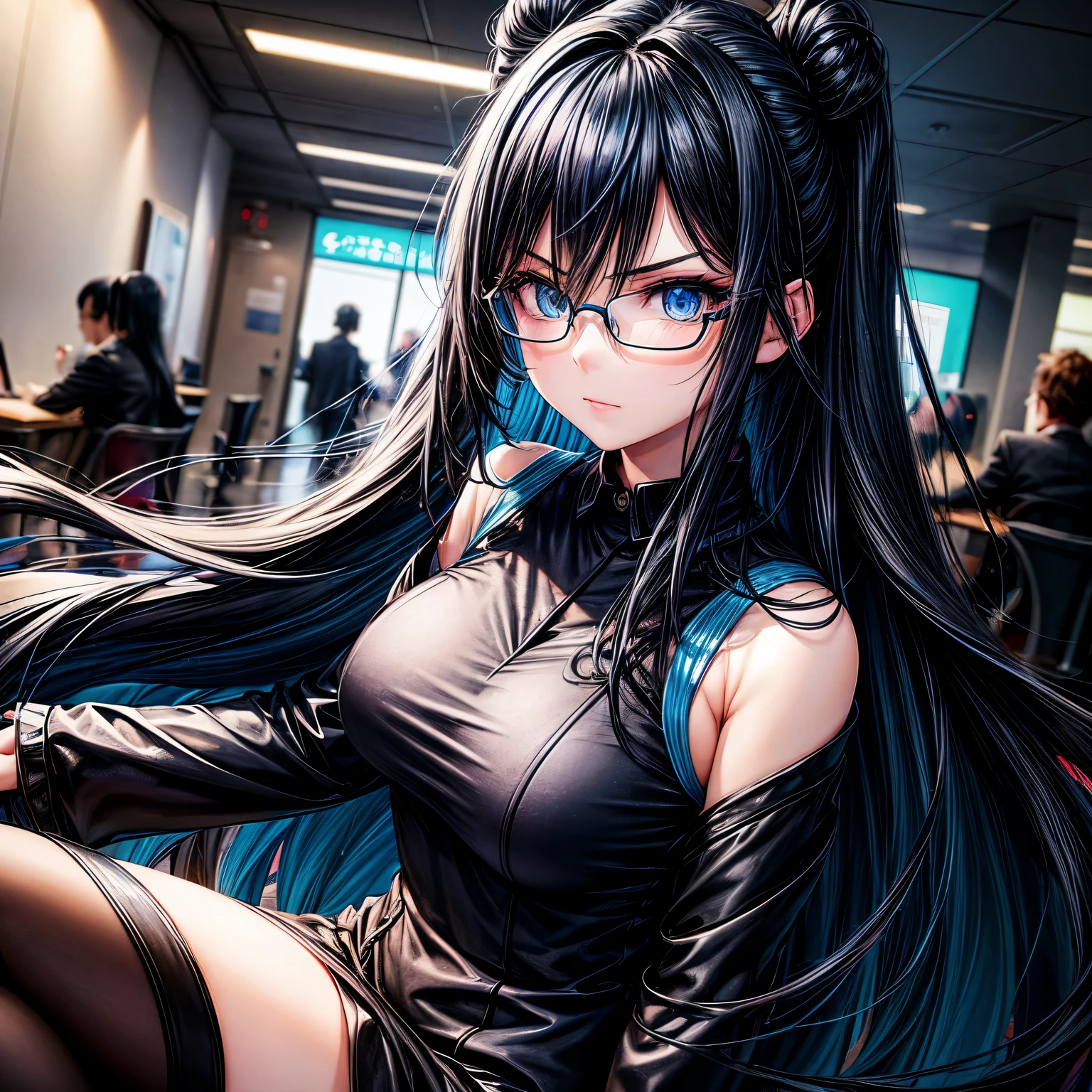 (Obra maestra), (Mejor calidad), (ultra detallado), chica anime, Cabello largo y negro con degradado azul en el cabello., brillo azul oscuro en el cabello, bright blue eyes J serious facial expression without being angry, anteojos, J vestido de uniforme de oficina ajustado, tacones negros, fondo de la oficina de la empresa.