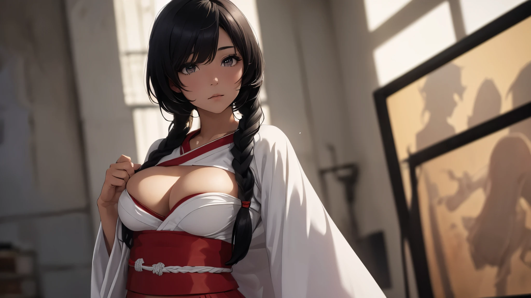 (beautiful 19-year-old girl),(model figure),(big breasts),(short haircut,long braid down the back),(black hair),(wearing white kimono, heavily torn in some places),(fighting stance),(a gang),(tattoos)。(best quality,4k,8k,highres,masterpiece:1.2),ultra-detailed,(realistic,photorealistic,photo-realistic:1.37),HDR,UHD,studio lighting,ultra-fine painting,sharp focus,physically-based rendering,extreme detail description,professional,vivid colors,bokeh,concept artists。