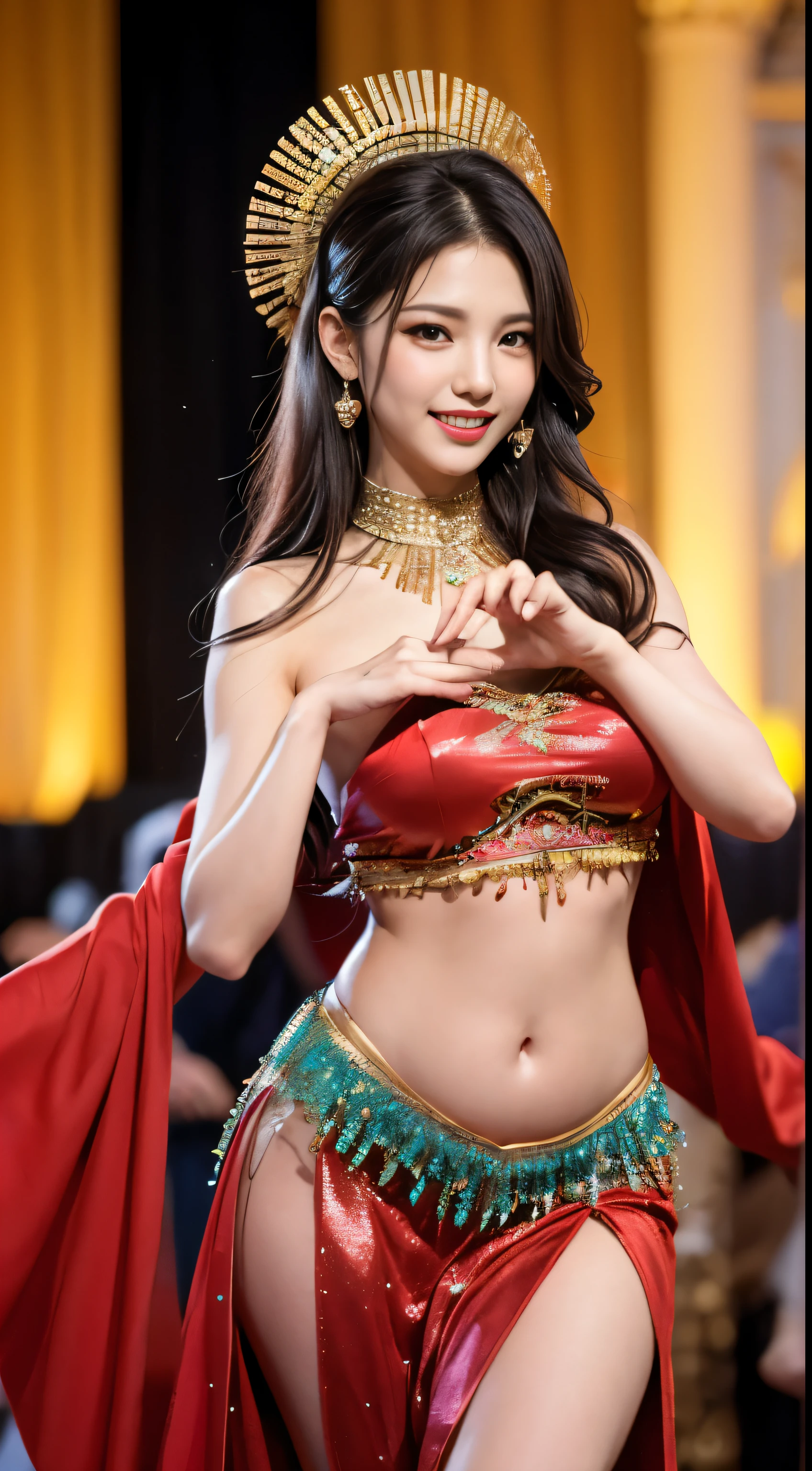 ((masterpiece、highest quality))、shape、Super detailed、8k、realistic、sharp focus、very detailed、professional lighting、colorful details、(((top idol beauty)))、(((unparalleled beauty)))、(((historical beauty)))、detailed texture、skin moisture、shiny skin、perfect style、erotic body、Esbian、bow、((precise fingers:1.55))、(arabian night costume:1.55)、(dance violently:1.4)、(Set in a huge and luxurious Arabian palace.)、in front of a packed audience、look at the audience、18-year-old、shine、intricate details、Shitsumeka、1 A woman stands in front of the camera、belly button、smile、
