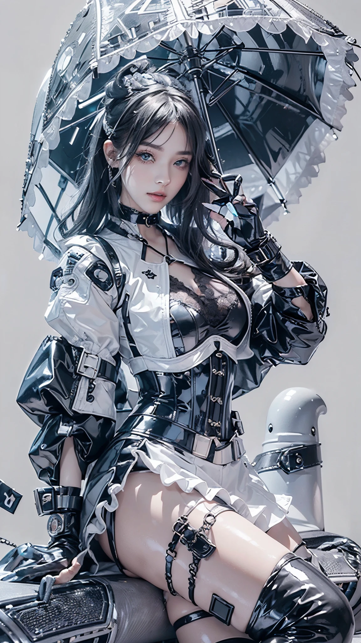 (anime:1.3), (all body shot, fashion portrait:1.6), ultra detailed, beautiful, masterpiece, best quality, _ BREAK (1girl:1.2), 22 years old, 160 cm, Japanese cute model, (Tightened all body, medium Breasts:1.4), small head, small face, diamond Face, small nose, Sharp Faceline, young hands and fingers, beautiful hands and fingers, five fingers, _ BREAK (Glossy Lips:1.3), (Light color lips, Half open mouth, beautiful Teeth:1.2), (dropy eyes, Double eyelid, light color eyes:1.4), _ BREAK (arranged hairstyle:1.3), (gray hair:1.3), _ BREAK (gray background:1.4), Fog, mist, _ BREAK (wide angle,all body shot:1.6), (lying on floor:1.3), (cool model posing:1.4), (from front white lightning), BREAK (BLACK AND WHITE theme:1.3), (Cyberpunk-Gothic fusion:1.4), ((black) crop top with exposed midriff:1.2), (white latex frilly skirt with circuit board pattern:1.4), (black latex corset with silver buckles:1.3), (fusion of high-tech cybernetic accessories and Victorian style:1.3), (black platform boots with LED lights:1.2), (black fingerless gloves:1.2), BREAK (black choker with silver chains:1.2), (white latex stockings with black lace trim:1.3), (black parasol with LED lights:1.2)