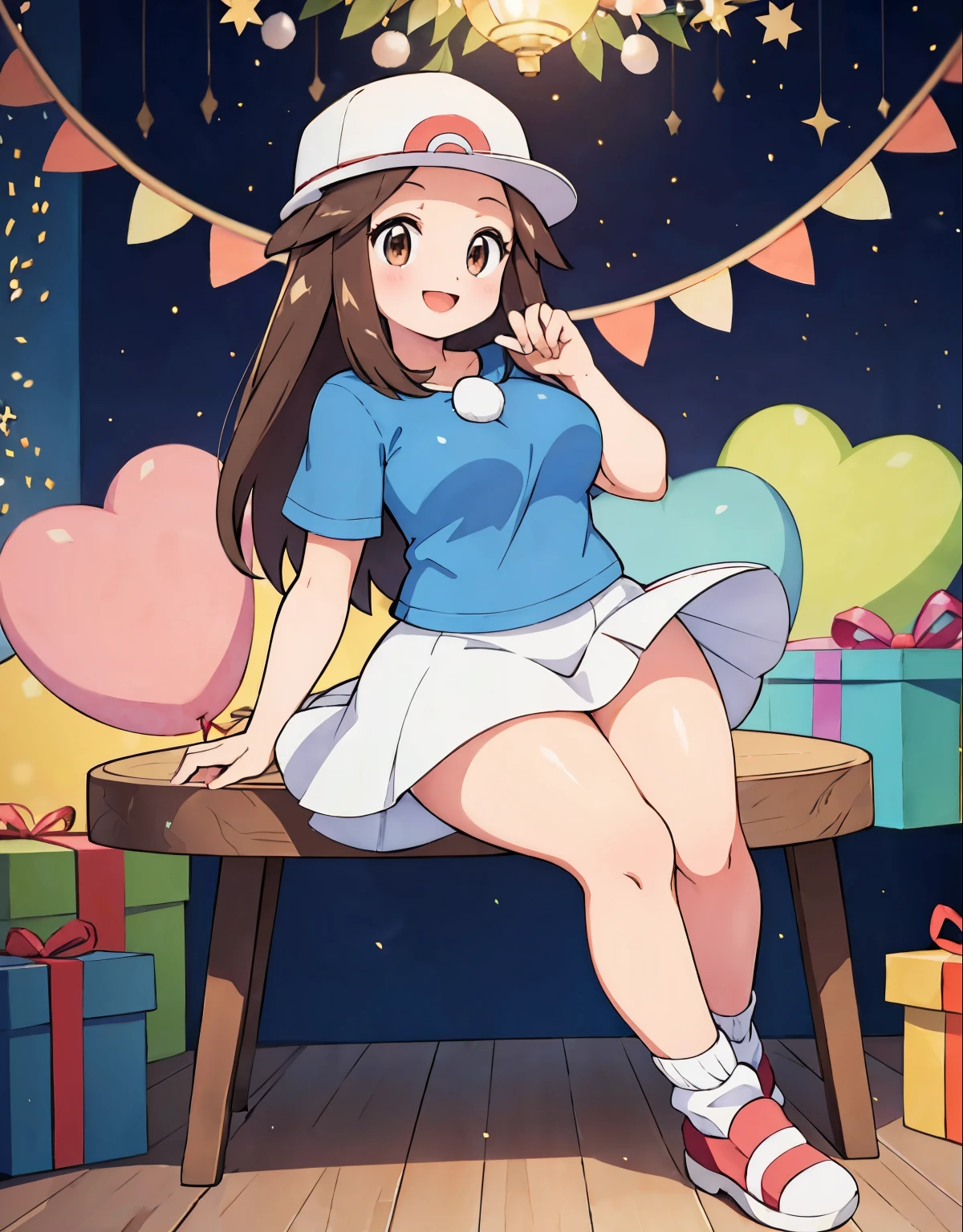 pokemon leaf, opening a gift box with excitement, visible thighs, red skirt, blue shirt, brown eyes, loose socks, white footwear, upskirt, white panties, body shape, chubby thighs, thick thighs,beautiful detailed eyes,beautiful detailed lips,extremely detailed eyes and face,longeyelashes,happy expression,birthday party atmosphere,decorative balloons and streamers,colorful confetti,festive atmosphere,happy faces of friends,surprise and joy,sparkling glitter falling down,party hat,cake with candles,a table full of presents,gifts wrapped in colorful paper,brightly lit room,smiling and clapping guests,birthday banner,happy music playing in the background,vivid colors,bokeh,photorealistic portrait style