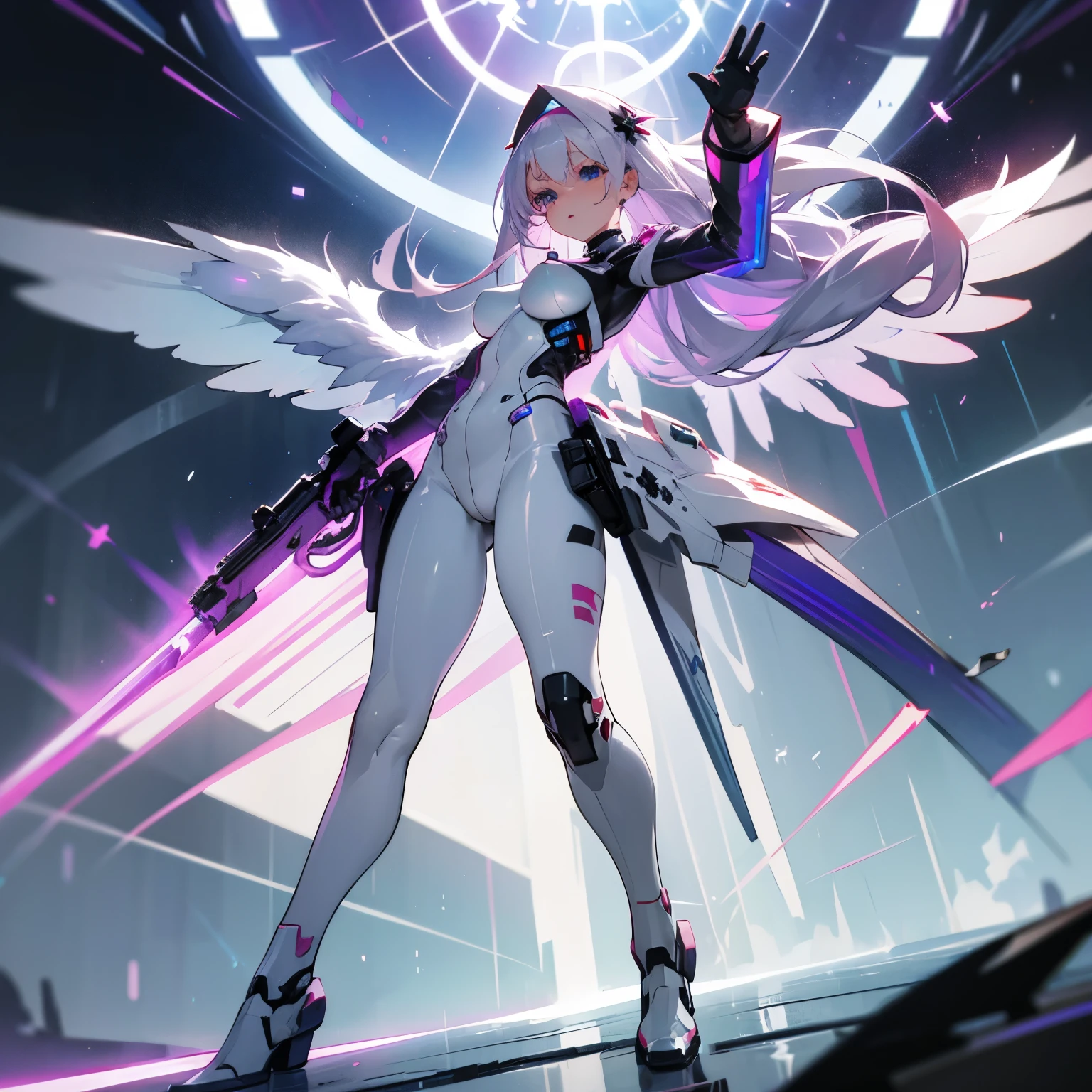 futuristic battle medic, nurse, beautiful body, sexy, beautiful face, confident pose, anime, white hair, purple red and blue eyes, worried, long hair, silver hair, full body, transparent leggins, futuristic suit, big breasts, good anatomy, cute face, angel wings, holographic suit, pistol