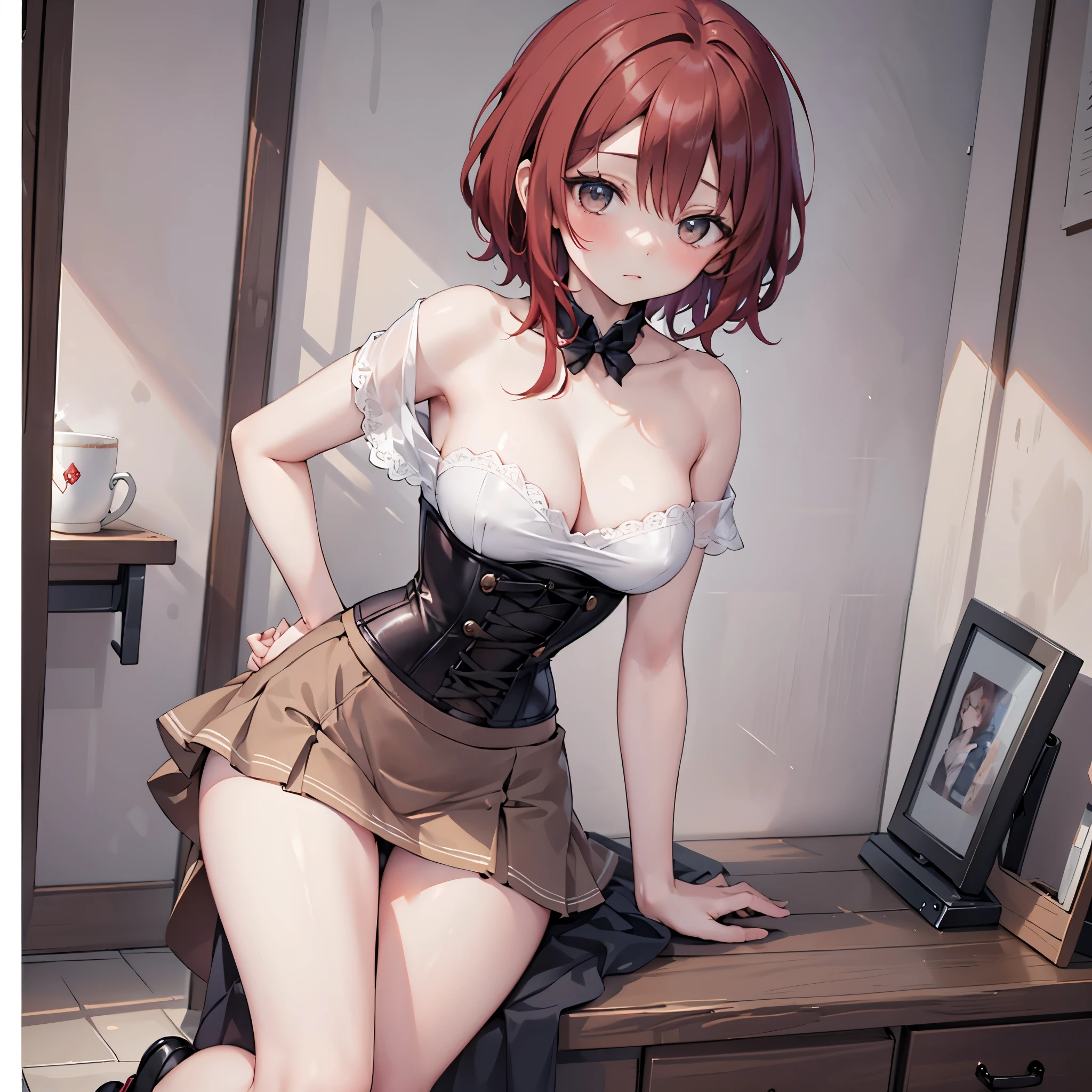 (solo 1 skinny girl:1.5), the middle ages, (short red hair:1.5), (short dress:1.3), (plunging neckline), (wiry corset emphasize cleavage:1.1), (very short torso:1.3), (inconceivably thin narrow waist), short (brown capelet:1.2), BREAK, (flapping very short brown skirt:1.3), emphasize thigh gap, (thin long legs), nose blush, BREAK, (12th Century Europe:1.1)