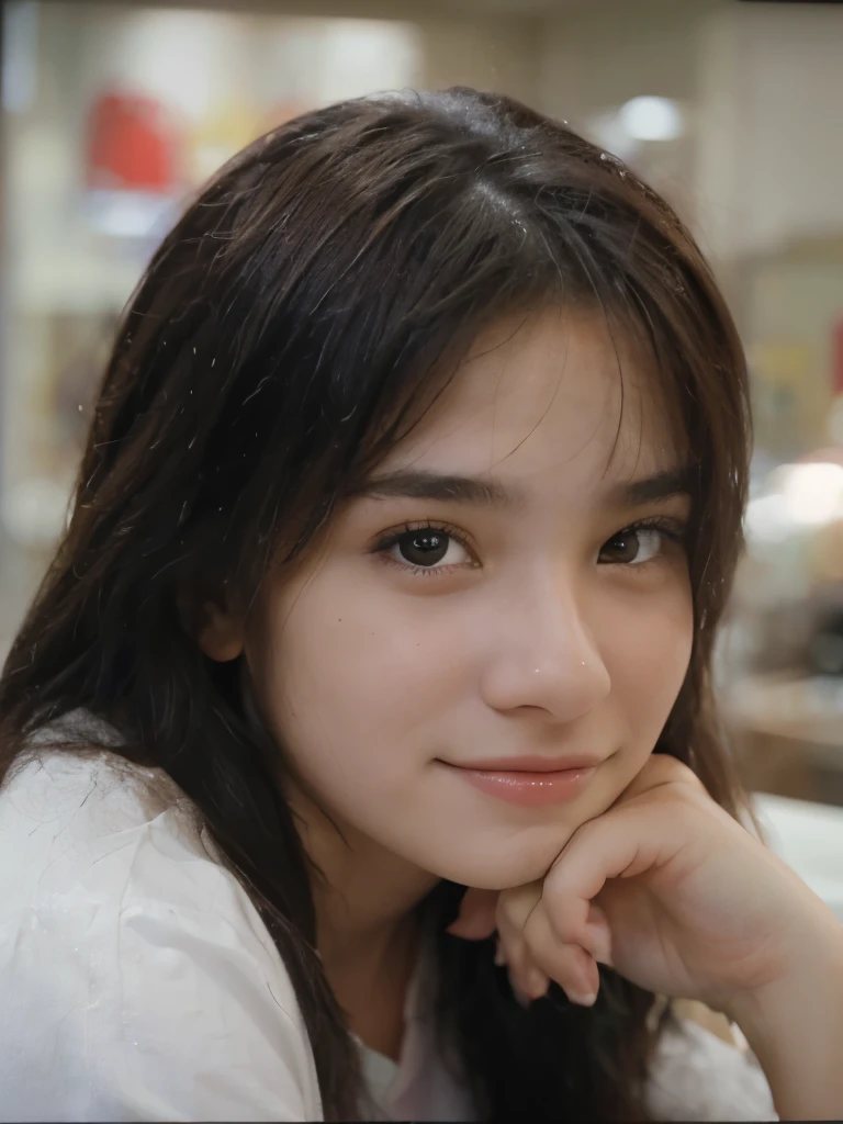 ultra realistic photograph of a not very pretty 15 year old girl looking to her left side very subtly, sentada em uma mesa do McDonald's, com leve sorriso no rosto, background with medium blur, e sem palavras na imagem