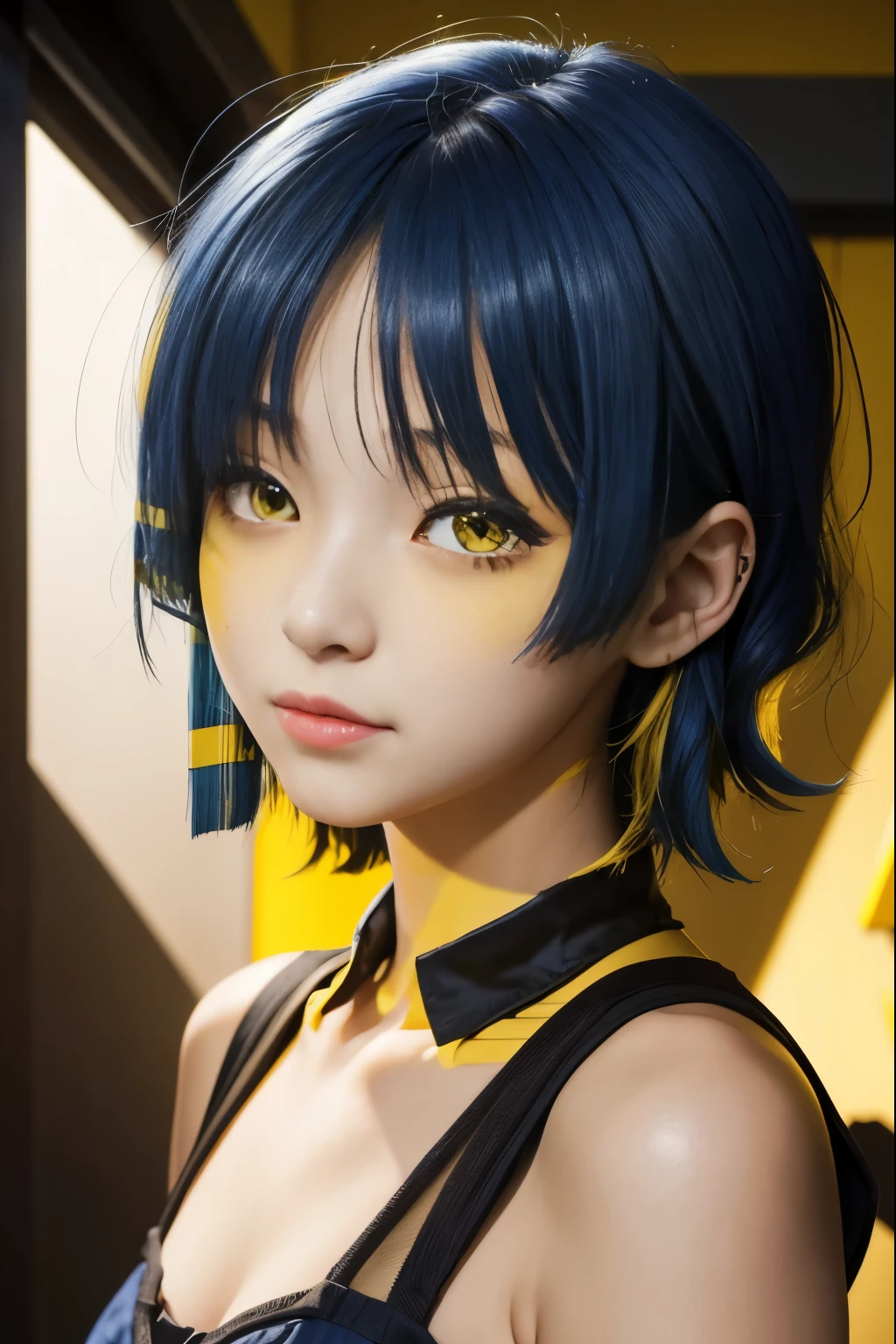 1girl, ryou yamada, blue hair, eyes visible through hair, mole, mole under eye, short hair, (yellow eyes:1.5), hairclips,