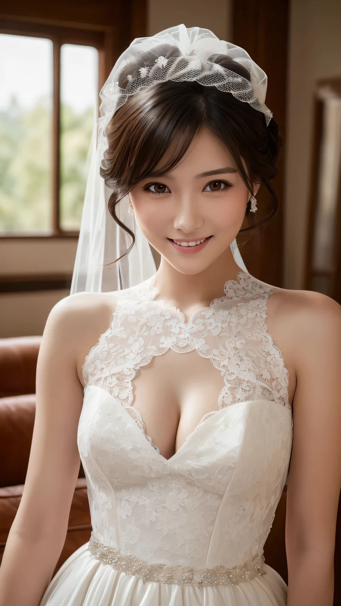 (1girl), ponytail, Extremely cute face, Amazing face and eyes, (Highly detailed eyes, Highly detailed face), fresh, Very clean appearance, (Hyper-realistic, hight resolution), (Best Quality:1.4), (hyper quality), Authentic skin texture, Raw photo, (Realistic, Photorealsitic:1.37), highly detailed, Professional Photography, (beautiful lace bridal dress:1.5), (lace bridal dress with open front), (cleavage:1.2), (???? shoulders), Smile slightly, (Staring at me), luxury living room, girl portrait,
