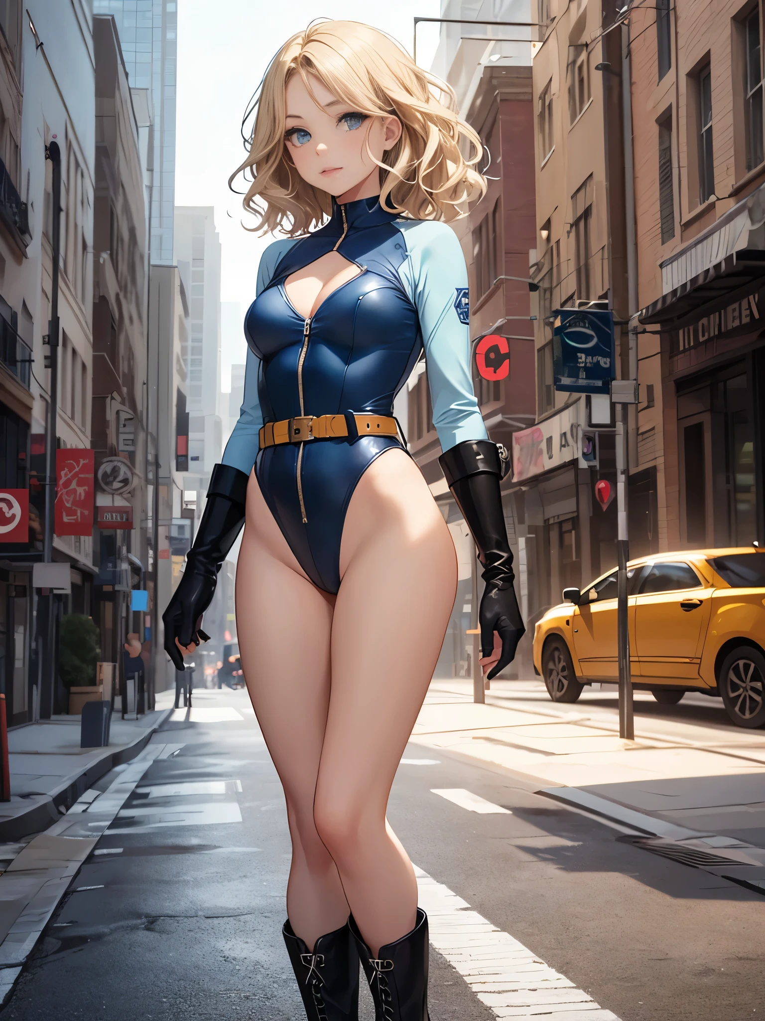 1girl, medium breasts, ((leotard, highleg leotard, light blue leotard)), (lighting bolt emblem on chest), bare legs, (tight belt), boots, matching boots, gloves, city backdrop, solo, single, standing, rear view, full body shot, cowboy shot, superhero, beautiful detailed eyes, power, ((blonde hair, short hair, wavy hair)), high school backdrop, outdoors, mature lady, teacher