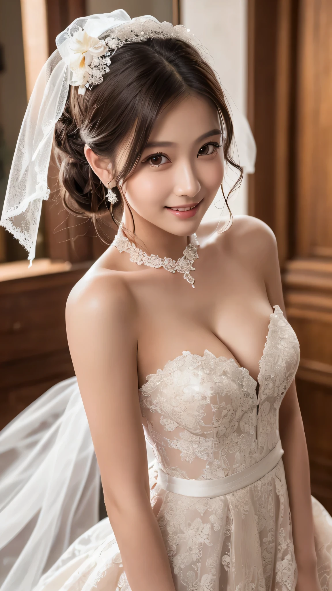 (1girl), ponytail, Extremely cute face, Amazing face and eyes, (Highly detailed eyes, Highly detailed face), fresh, Very clean appearance, (Hyper-realistic, hight resolution), (Best Quality:1.4), (hyper quality), Authentic skin texture, Raw photo, (Realistic, Photorealsitic:1.37), highly detailed, Professional Photography, (beautiful lace bridal dress:1.5), (lace bridal dress with open front), (:1.2), (Bare shoulders), Smile slightly, (Staring at me), luxury living room, girl portrait,