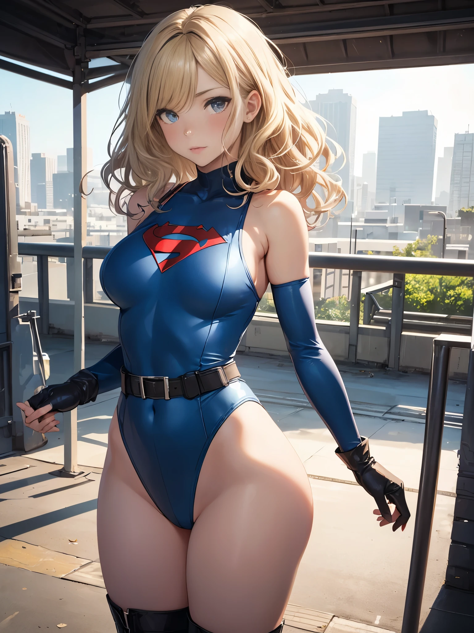 1girl, medium breasts, ((leotard, highleg leotard, light blue leotard)), (lighting bolt emblem on chest), bare legs, (tight belt), boots, matching boots, gloves, city backdrop, solo, single, standing, rear view, full body shot, cowboy shot, superhero, beautiful detailed eyes, power, ((blonde hair, short hair, wavy hair)), high school backdrop, outdoors, mature lady, teacher