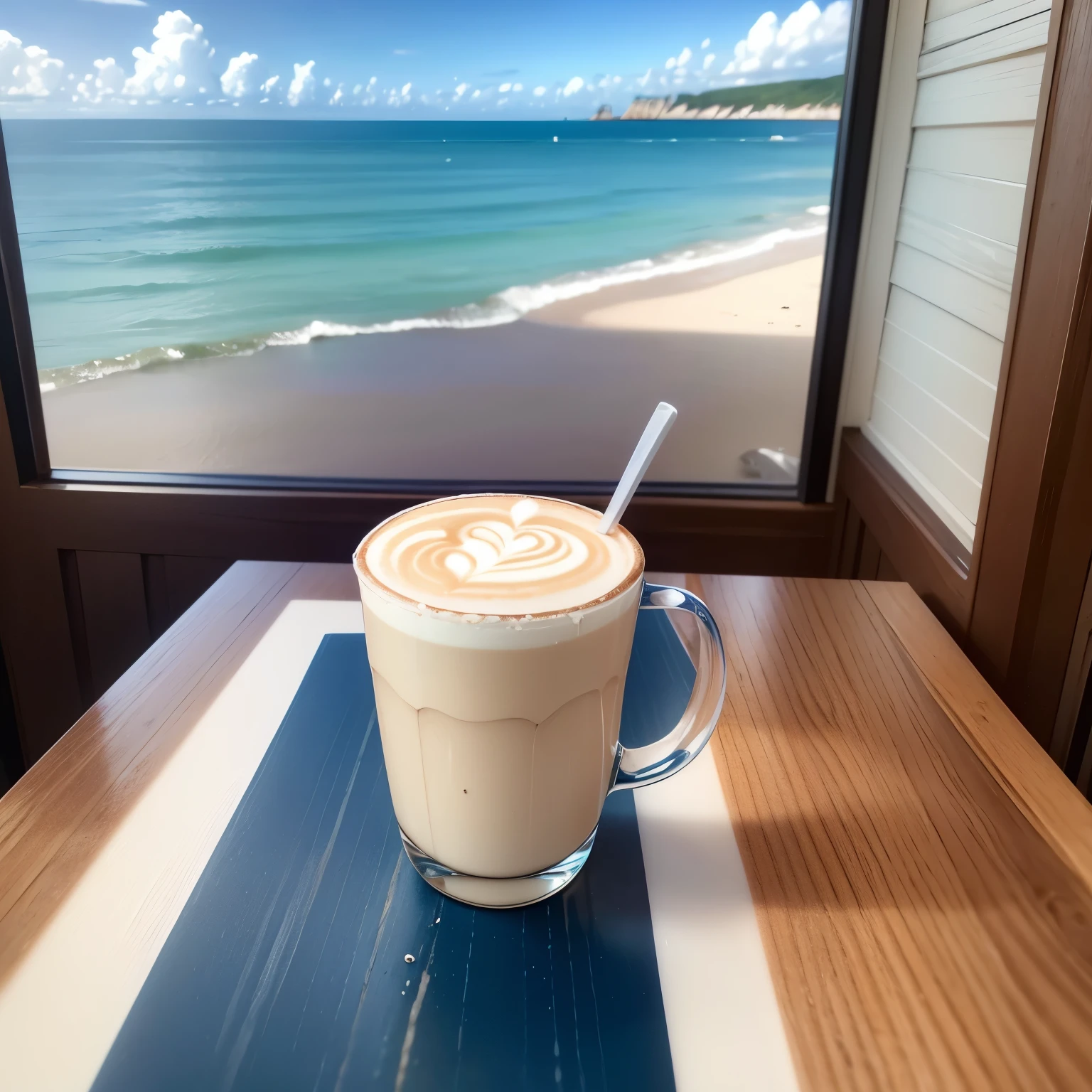 seaside cafe、latte art, The background is a cobalt sea、Spectacular view、Blue sky、White cloud、There are no humans、unmanned、scenery only、high resolution、High resolution、realistic