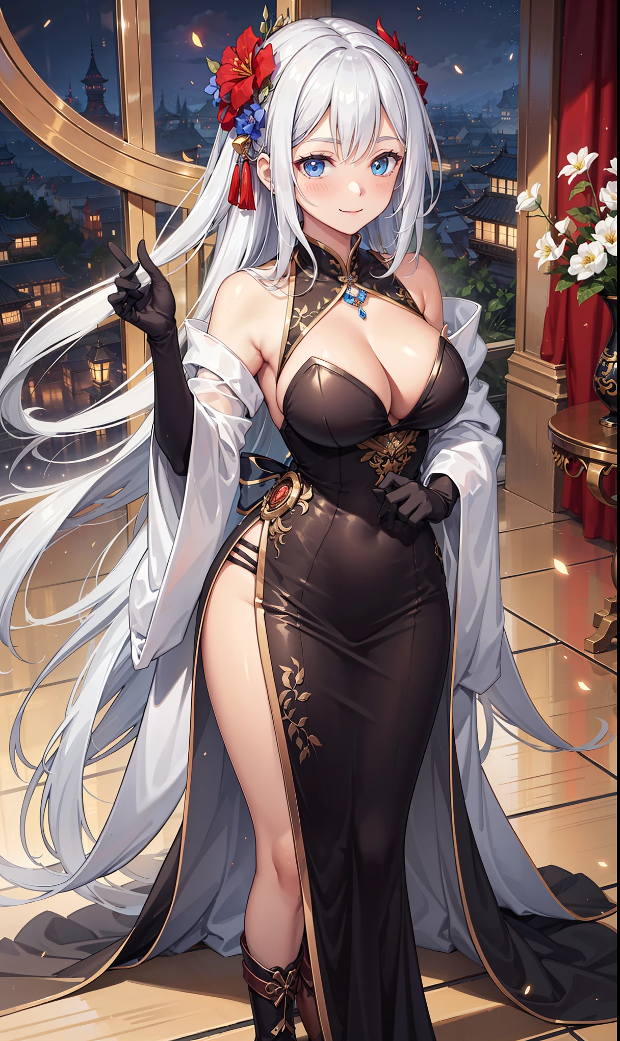 Virgin,Elegant and charming,Smile,in love,(Transparent colorful Hanfu,Sophisticated and gorgeous design),black gloves,silver hair,blue eyes,see through transparent clothes,Exquisite hair accessories,Transparent lace,Engraving pattern,dress nicely,The background is an old Chinese palace,Inside the hall,elegant posture,night,carved boots,Super super details,Divine magic,light particles,Exquisite and beautiful face and eyes